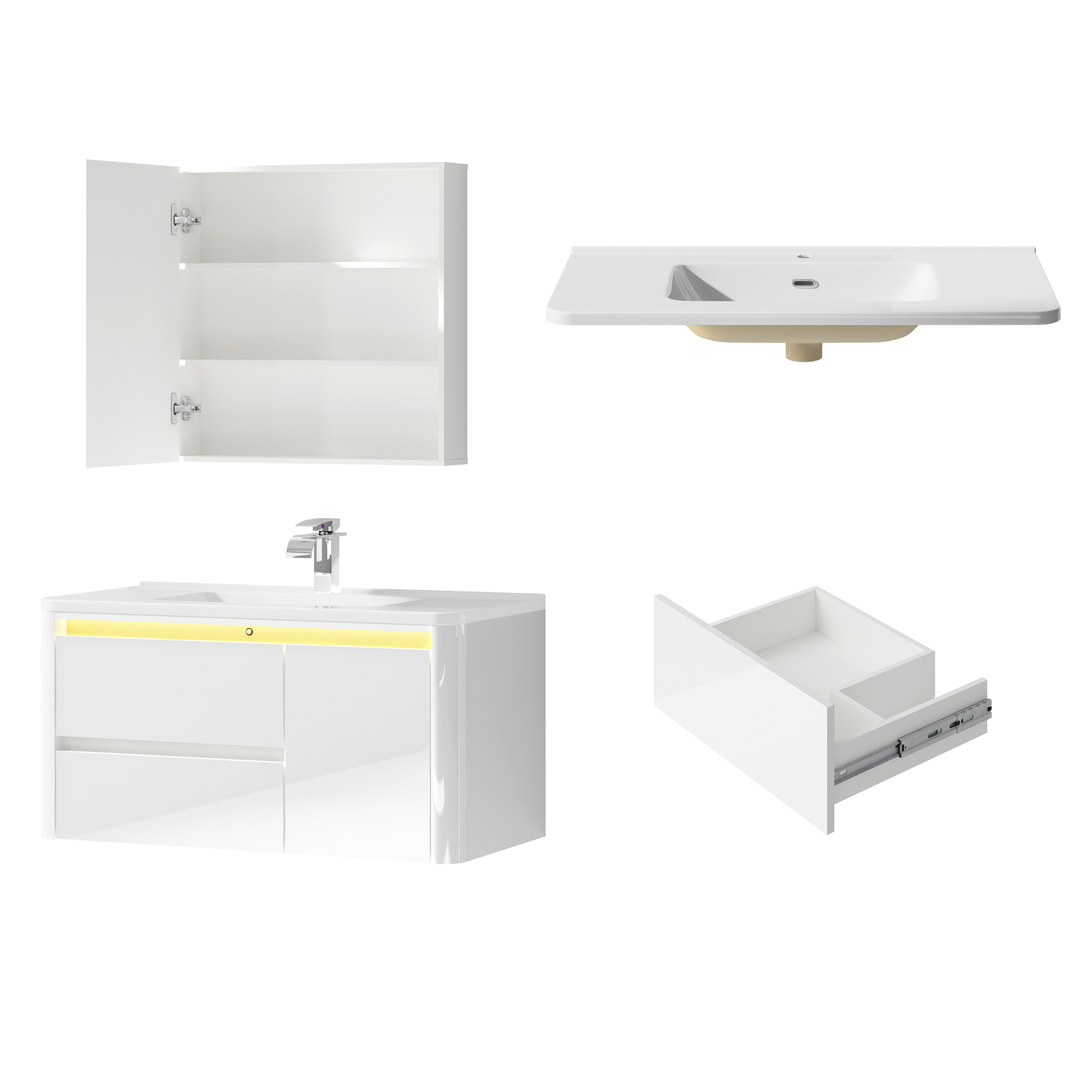36 Inch Wall Mounted Bathroom Vanity with Sink and Mirror Cabinet,Modern Floating Bathroom Storage Cabinet with 2 Drawers and Soft Closing Door