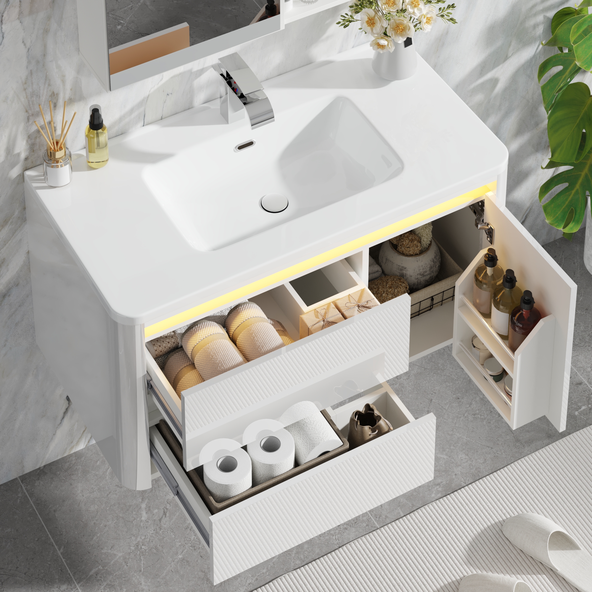 36 Inch Wall Mounted Bathroom Vanity with Sink and Mirror Cabinet,Modern Floating Bathroom Storage Cabinet with 2 Drawers and Soft Closing Door
