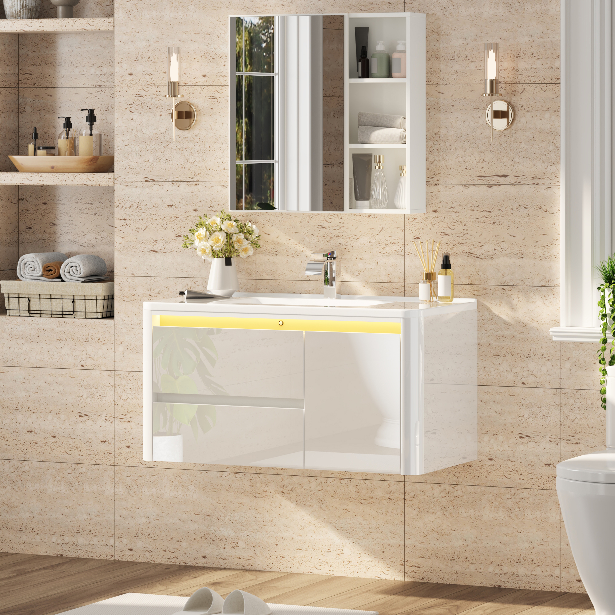 36 Inch Wall Mounted Bathroom Vanity with Sink and Mirror Cabinet,Modern Floating Bathroom Storage Cabinet with 2 Drawers and Soft Closing Door