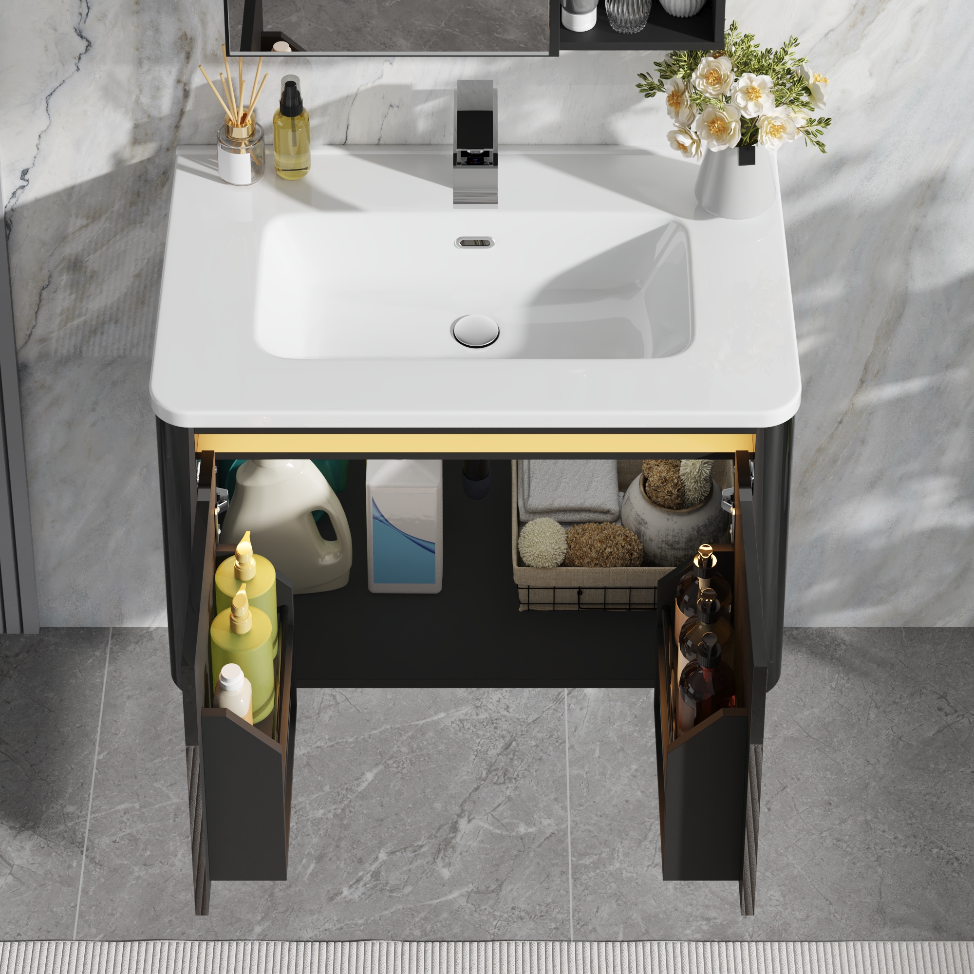 36 Inch Wall Mounted Bathroom Vanity with Sink and Mirror Cabinet,Modern Floating Bathroom Storage Cabinet with 2 Drawers and Soft Closing Door