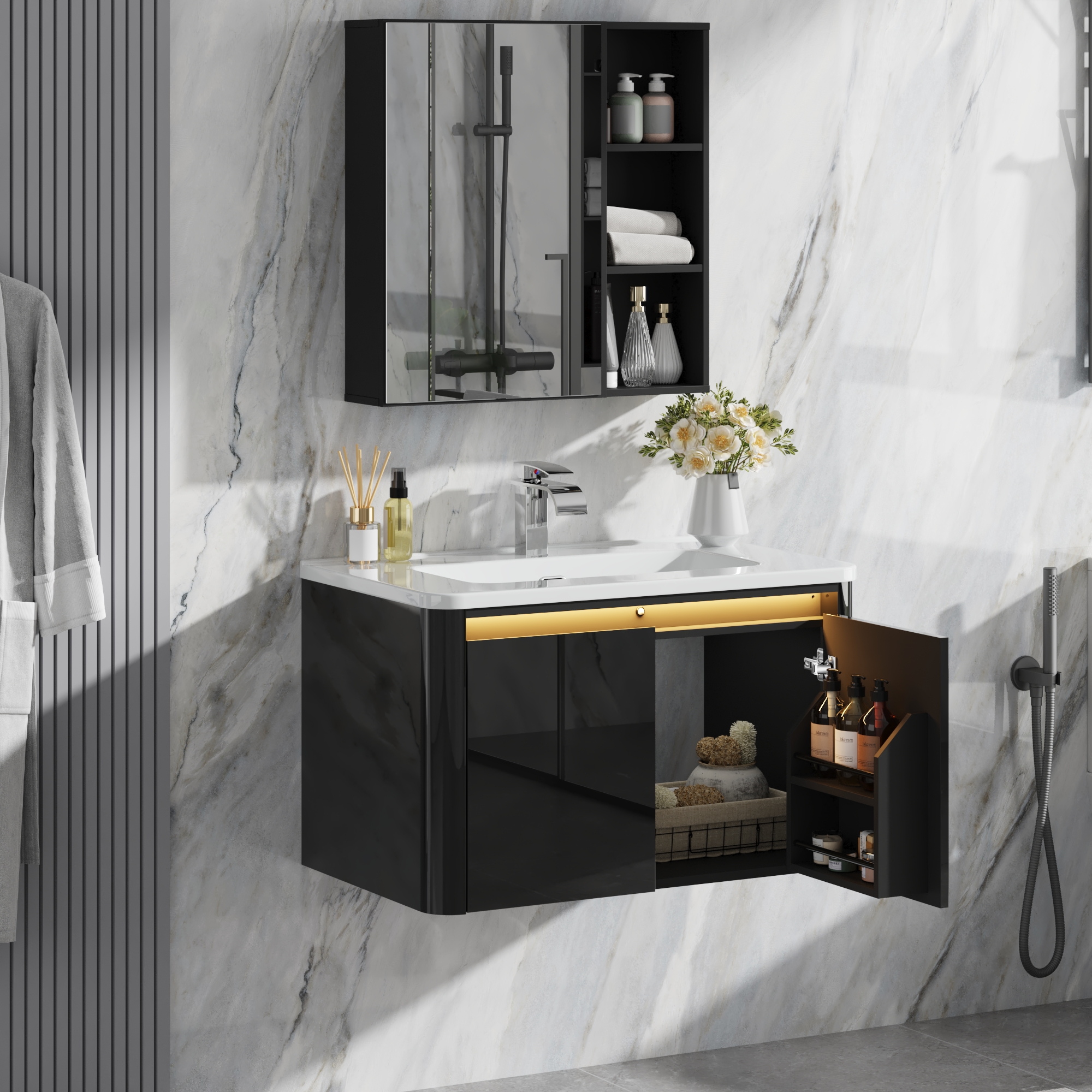 36 Inch Wall Mounted Bathroom Vanity with Sink and Mirror Cabinet,Modern Floating Bathroom Storage Cabinet with 2 Drawers and Soft Closing Door