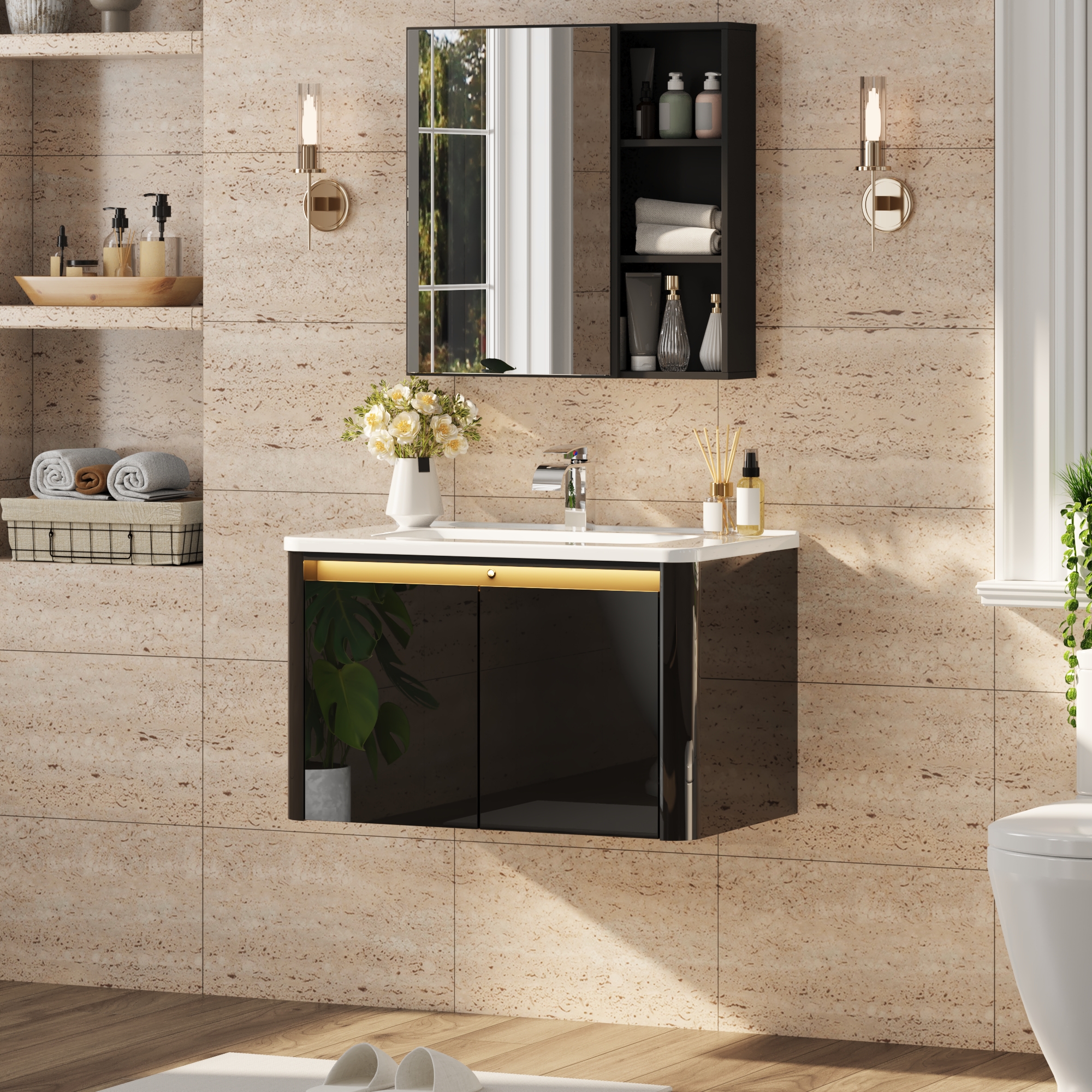 36 Inch Wall Mounted Bathroom Vanity with Sink and Mirror Cabinet,Modern Floating Bathroom Storage Cabinet with 2 Drawers and Soft Closing Door