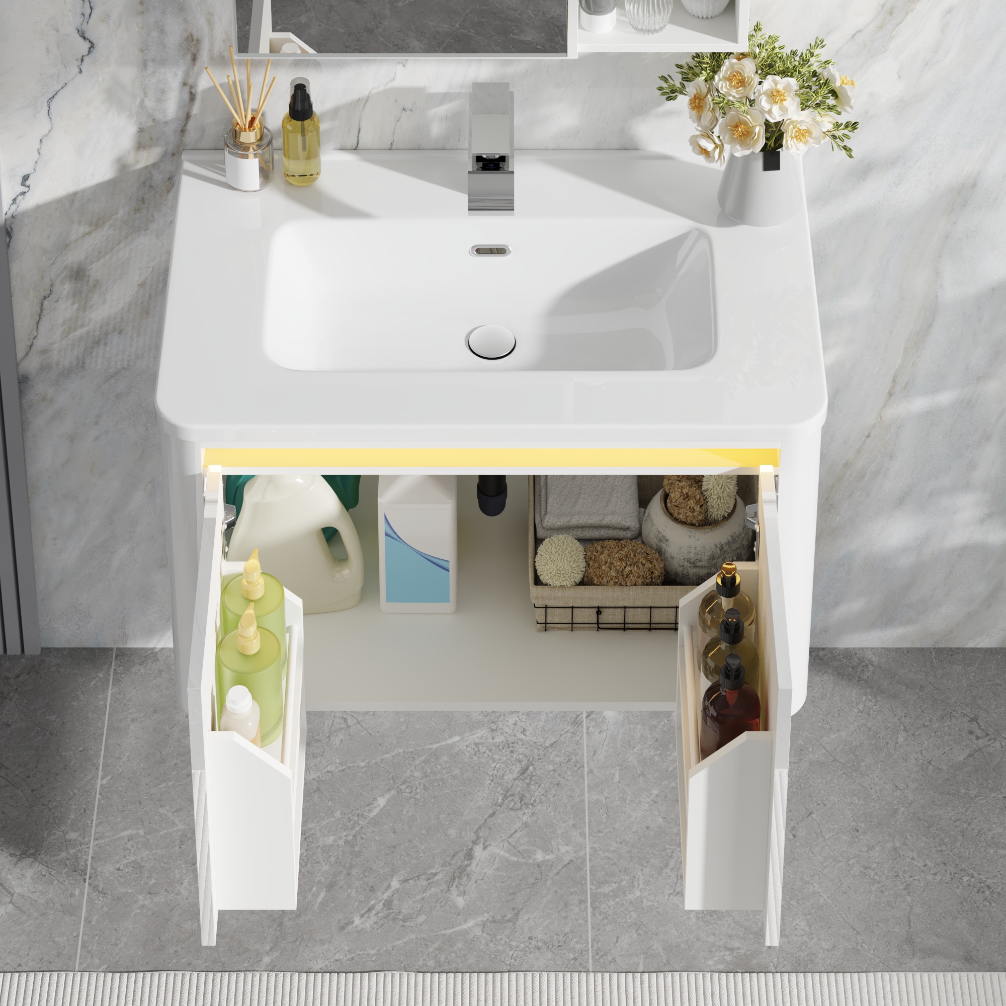 36 Inch Wall Mounted Bathroom Vanity with Sink and Mirror Cabinet,Modern Floating Bathroom Storage Cabinet with 2 Drawers and Soft Closing Door