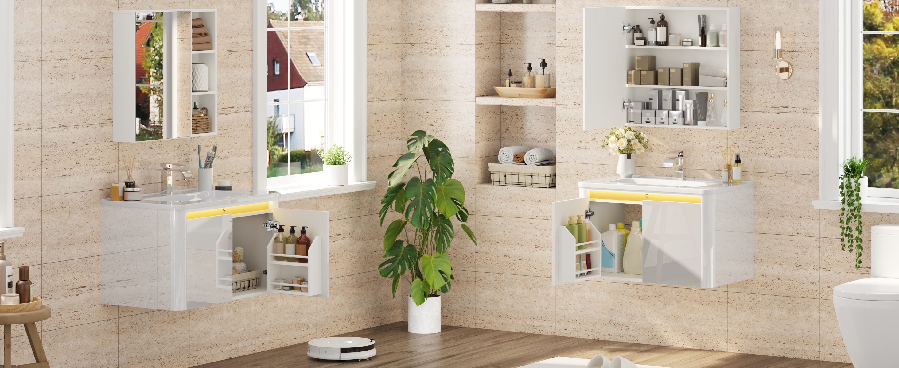 36 Inch Wall Mounted Bathroom Vanity with Sink and Mirror Cabinet,Modern Floating Bathroom Storage Cabinet with 2 Drawers and Soft Closing Door