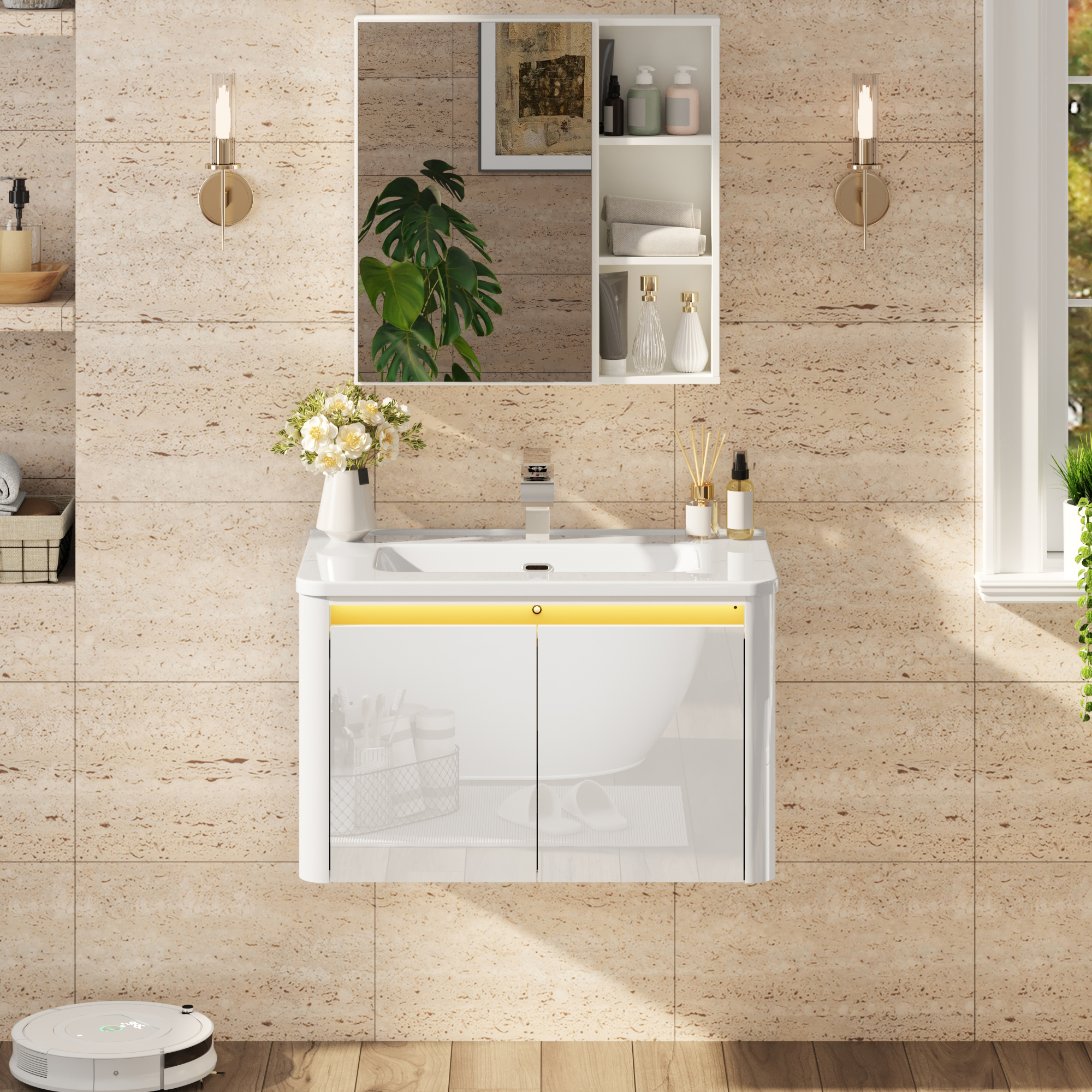 36 Inch Wall Mounted Bathroom Vanity with Sink and Mirror Cabinet,Modern Floating Bathroom Storage Cabinet with 2 Drawers and Soft Closing Door