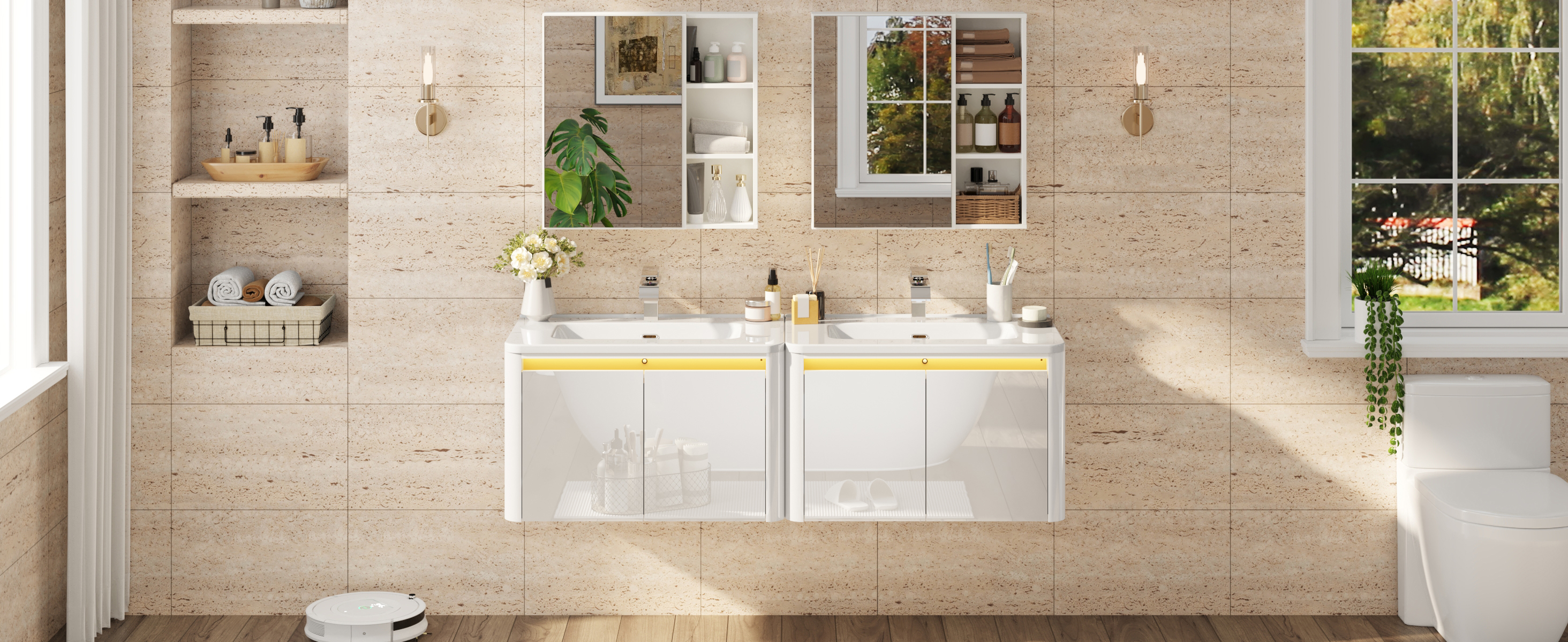 36 Inch Wall Mounted Bathroom Vanity with Sink and Mirror Cabinet,Modern Floating Bathroom Storage Cabinet with 2 Drawers and Soft Closing Door