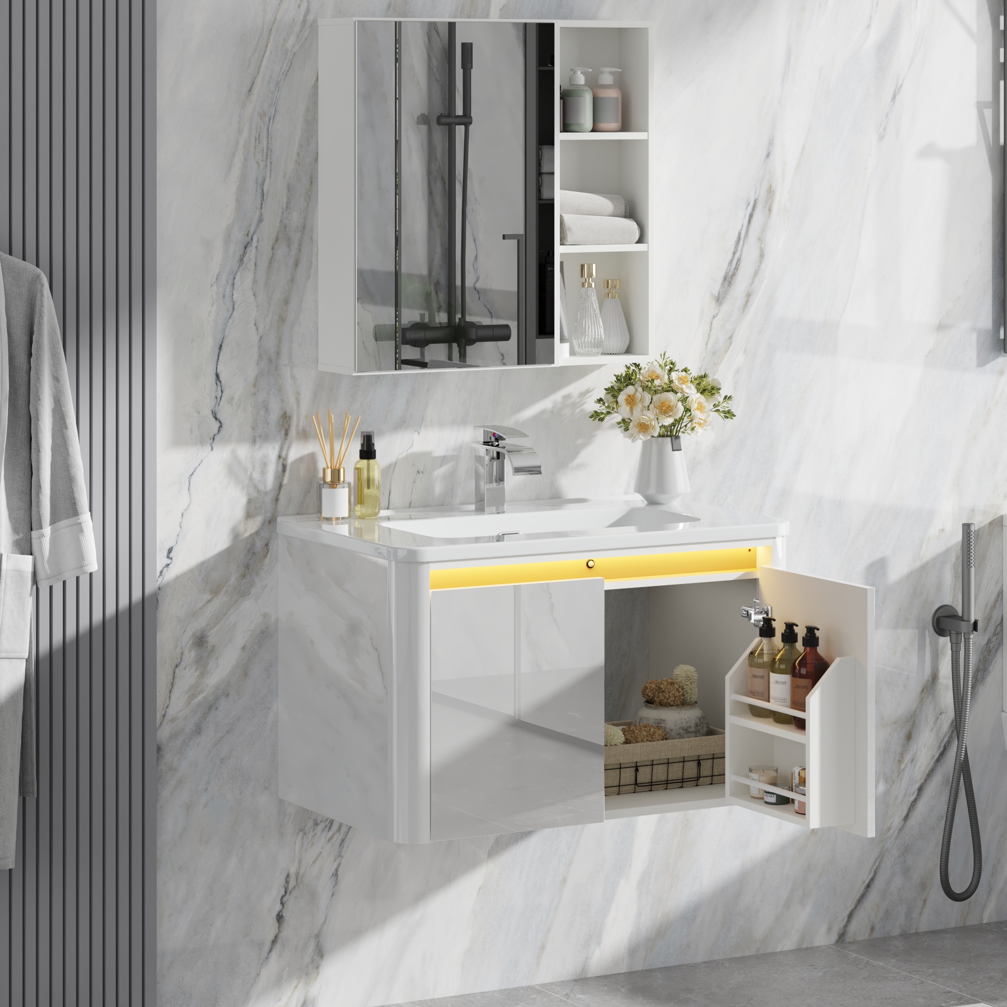 36 Inch Wall Mounted Bathroom Vanity with Sink and Mirror Cabinet,Modern Floating Bathroom Storage Cabinet with 2 Drawers and Soft Closing Door