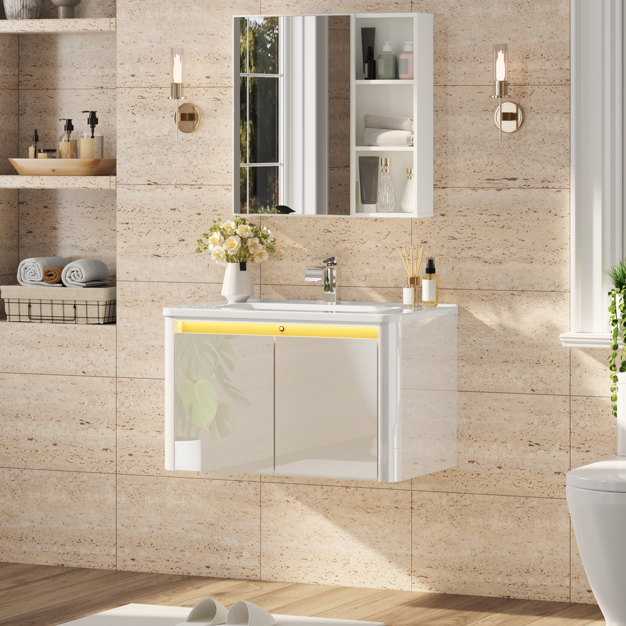 36 Inch Wall Mounted Bathroom Vanity with Sink and Mirror Cabinet,Modern Floating Bathroom Storage Cabinet with 2 Drawers and Soft Closing Door