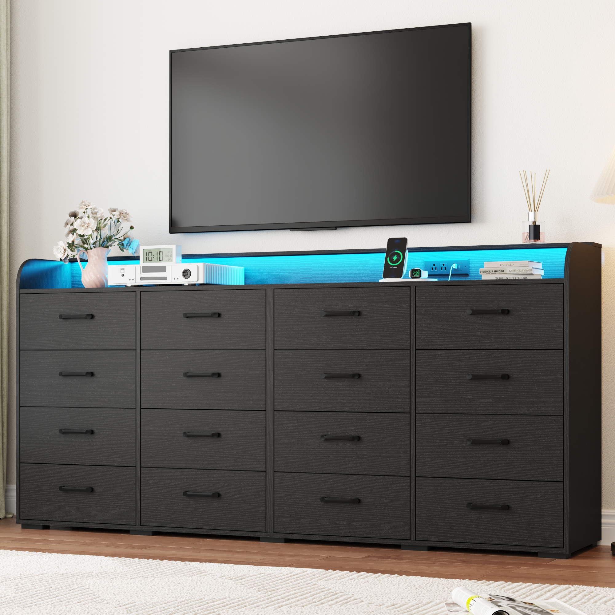 16 Drawer Dresser for Bedroom, 79" Extra Large Long Wood dresser with Power Outlet, LED Light and Deep Big Drawers, Modern Minimalist Dresser Wide Chest of Drawers for Bedroom, Living Room