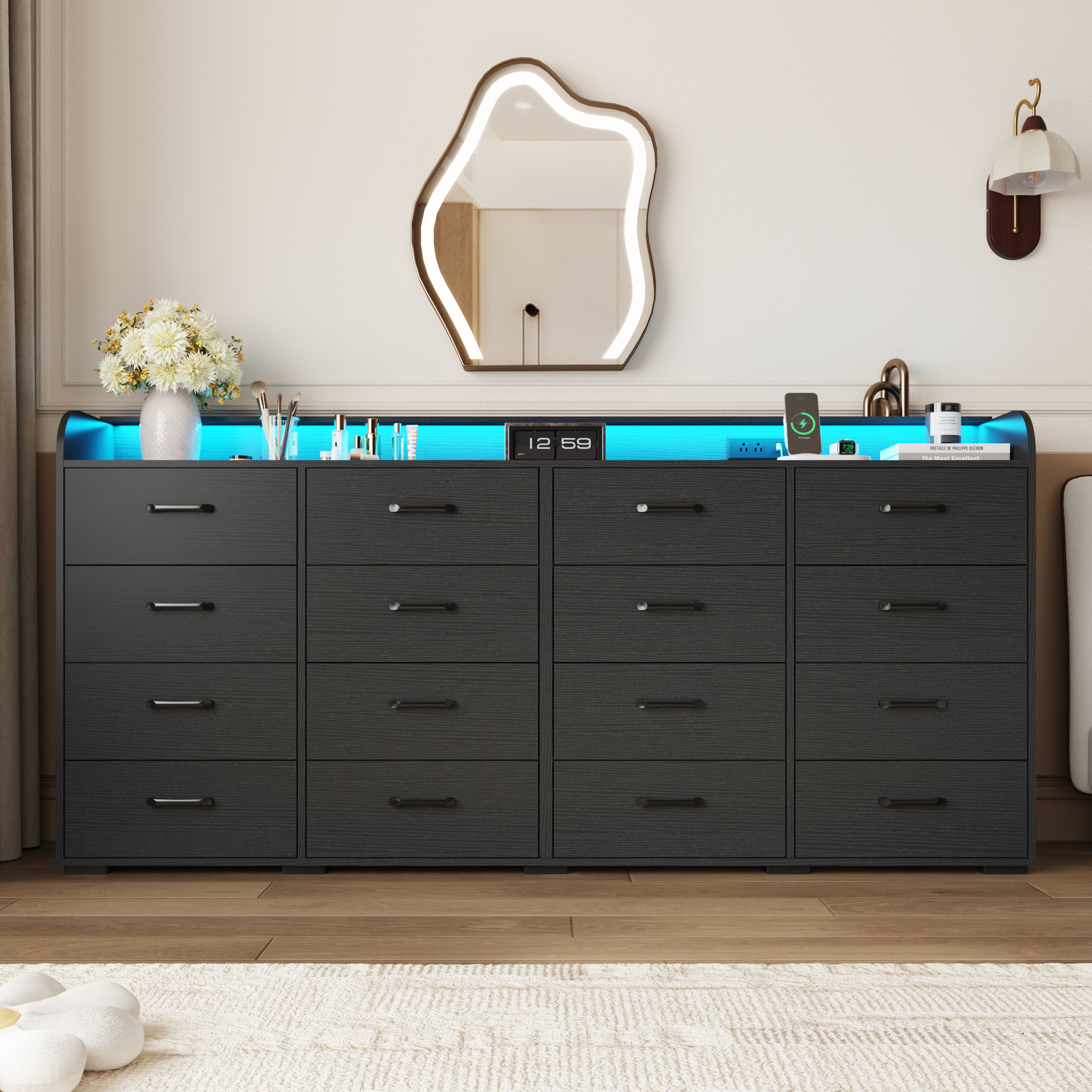 16 Drawer Dresser for Bedroom, 79" Extra Large Long Wood dresser with Power Outlet, LED Light and Deep Big Drawers, Modern Minimalist Dresser Wide Chest of Drawers for Bedroom, Living Room