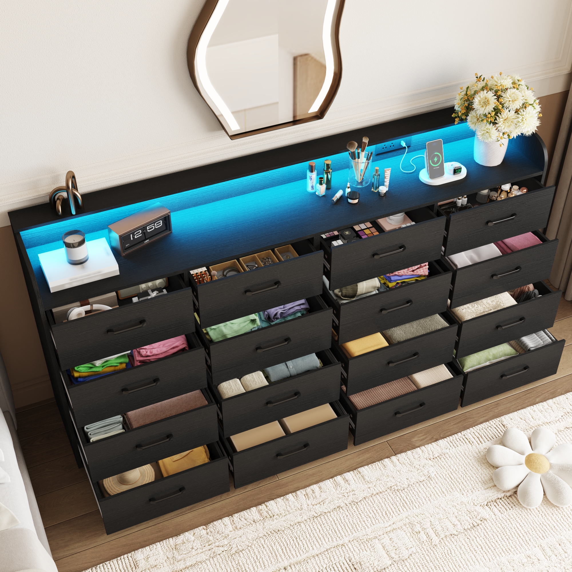 16 Drawer Dresser for Bedroom, 79" Extra Large Long Wood dresser with Power Outlet, LED Light and Deep Big Drawers, Modern Minimalist Dresser Wide Chest of Drawers for Bedroom, Living Room