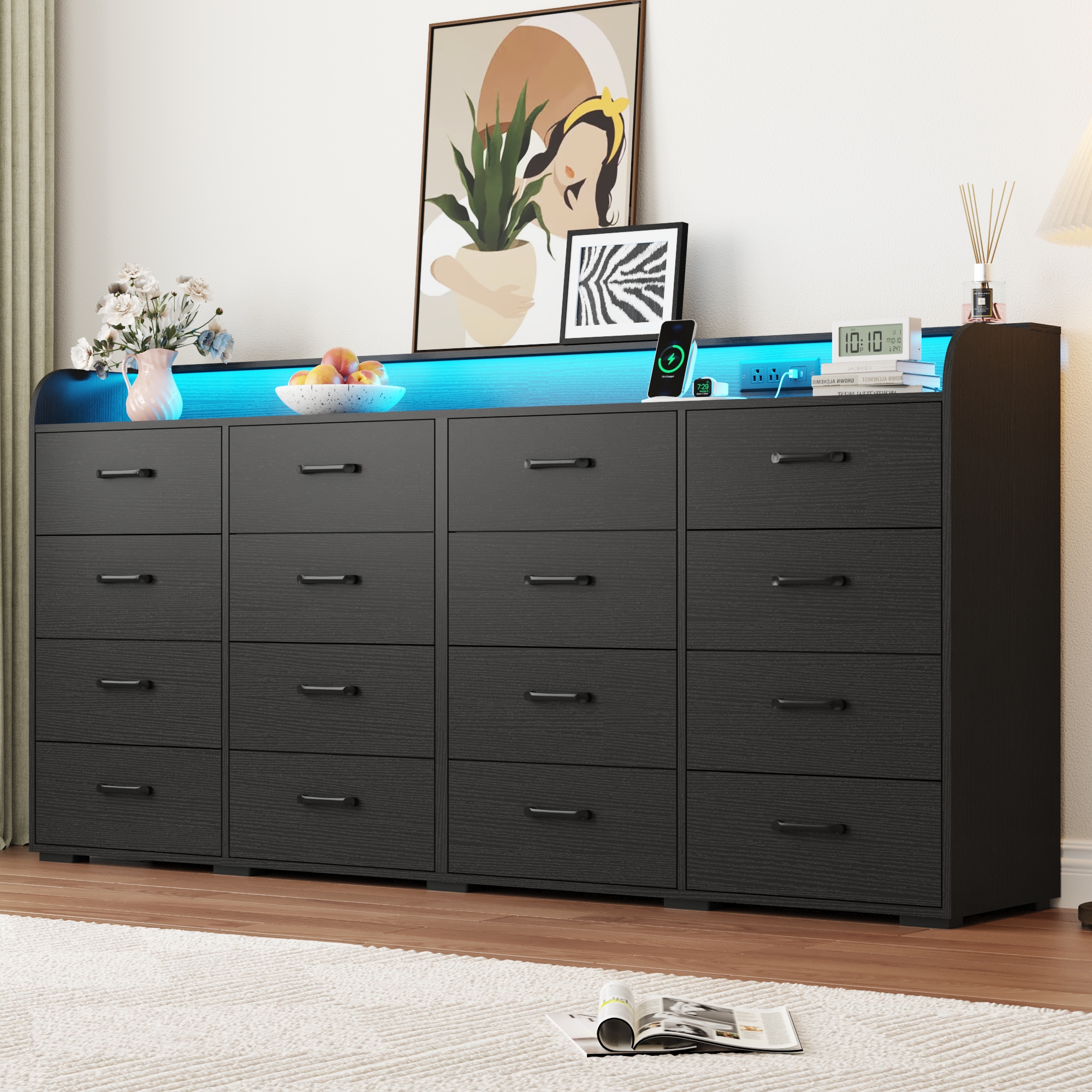 16 Drawer Dresser for Bedroom, 79" Extra Large Long Wood dresser with Power Outlet, LED Light and Deep Big Drawers, Modern Minimalist Dresser Wide Chest of Drawers for Bedroom, Living Room