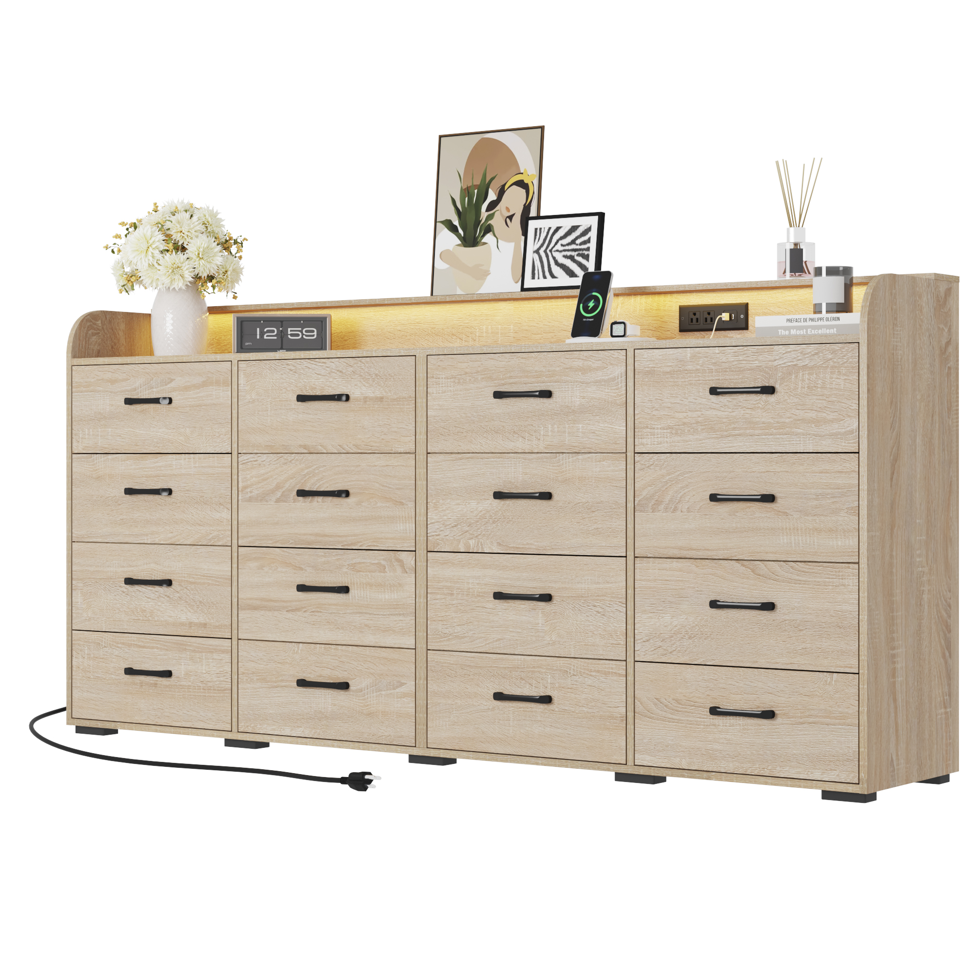 16 Drawer Dresser for Bedroom, 79" Extra Large Long Wood dresser with Power Outlet, LED Light and Deep Big Drawers, Modern Minimalist Dresser Wide Chest of Drawers for Bedroom, Living Room