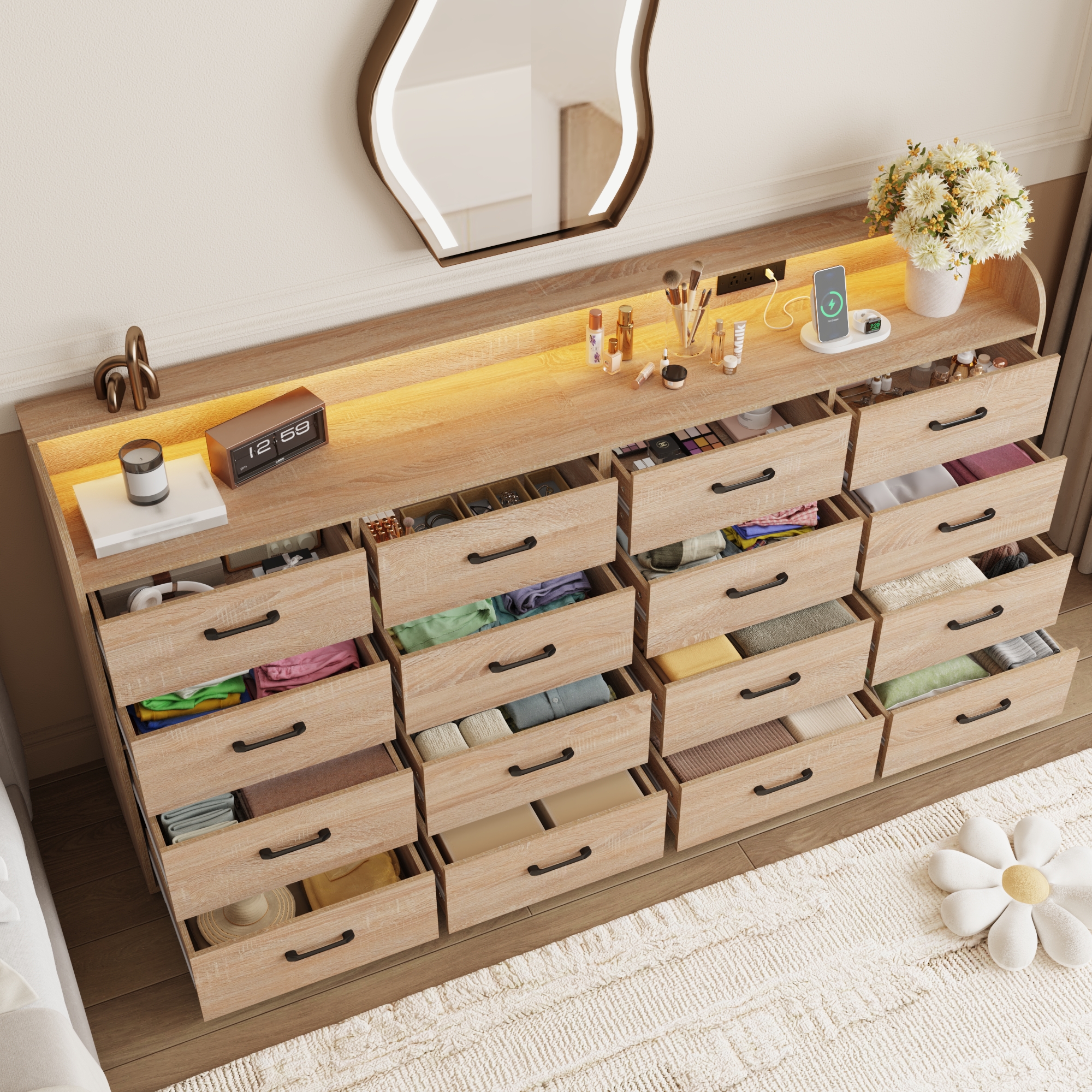 16 Drawer Dresser for Bedroom, 79" Extra Large Long Wood dresser with Power Outlet, LED Light and Deep Big Drawers, Modern Minimalist Dresser Wide Chest of Drawers for Bedroom, Living Room