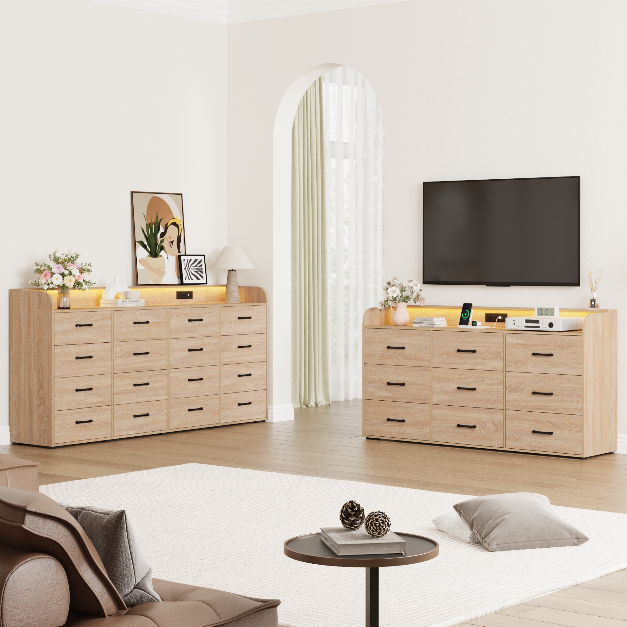 16 Drawer Dresser for Bedroom, 79" Extra Large Long Wood dresser with Power Outlet, LED Light and Deep Big Drawers, Modern Minimalist Dresser Wide Chest of Drawers for Bedroom, Living Room