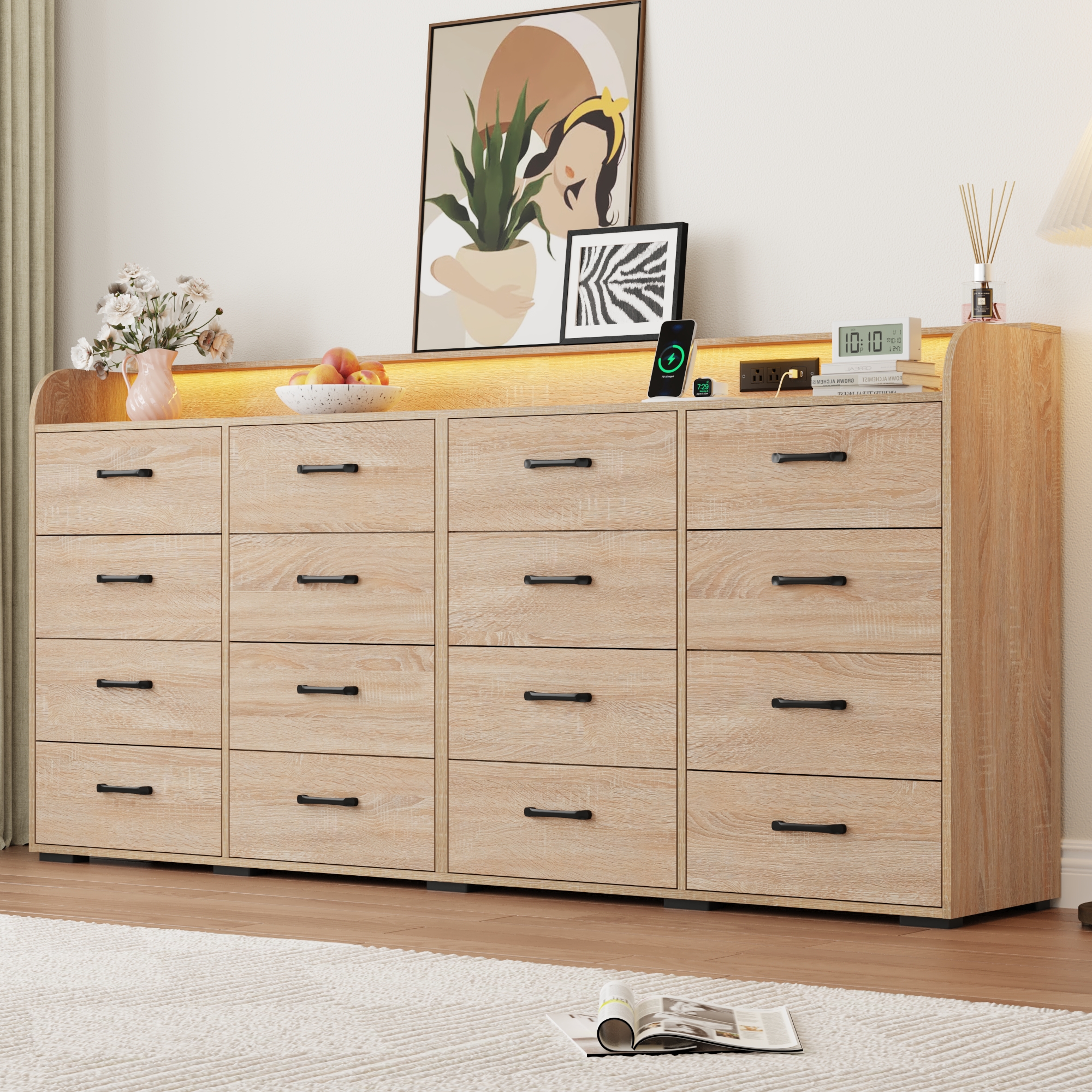16 Drawer Dresser for Bedroom, 79" Extra Large Long Wood dresser with Power Outlet, LED Light and Deep Big Drawers, Modern Minimalist Dresser Wide Chest of Drawers for Bedroom, Living Room