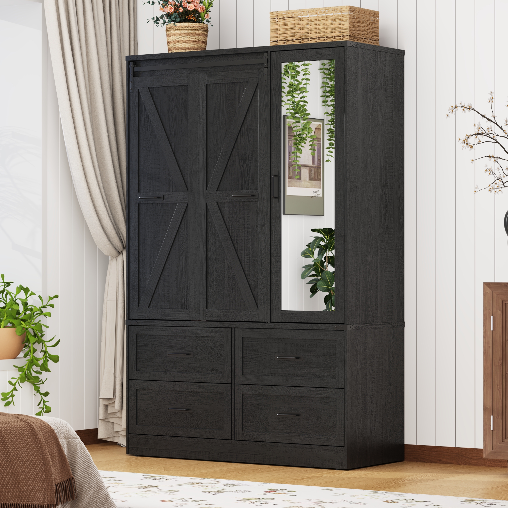 73''H Armoire Wardrobe with Full Mirror & Sensor Light & 4 Drawers, Farmhouse Bedroom Armoire Cabinet with Hanging Rod, Wooden Wardrobe Cabinet with Folding Sliding Barn Door for Bedroom