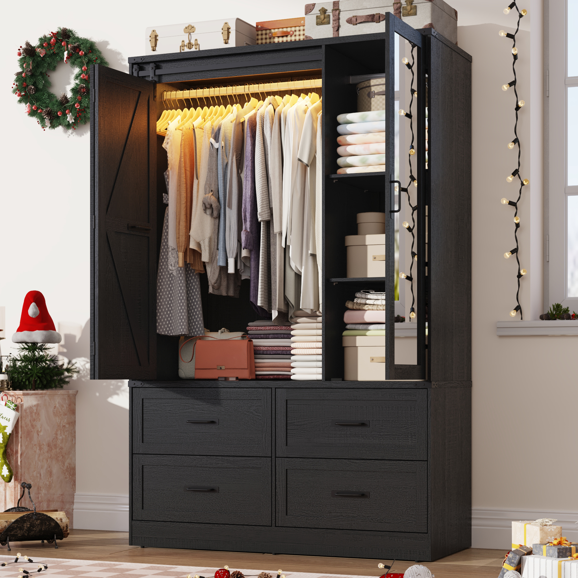 73''H Armoire Wardrobe with Full Mirror & Sensor Light & 4 Drawers, Farmhouse Bedroom Armoire Cabinet with Hanging Rod, Wooden Wardrobe Cabinet with Folding Sliding Barn Door for Bedroom