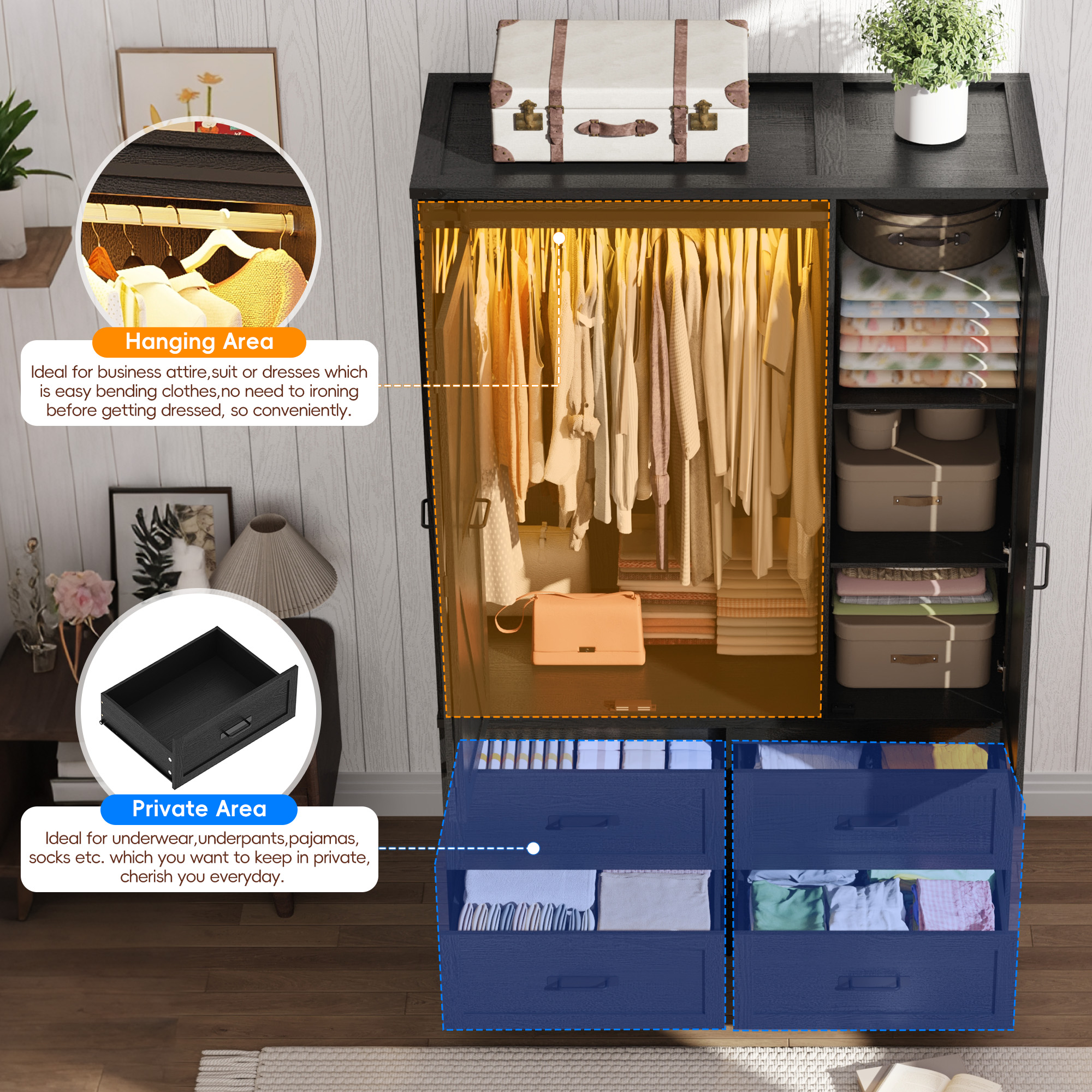 73''H Armoire Wardrobe with Full Mirror & Sensor Light & 4 Drawers, Farmhouse Bedroom Armoire Cabinet with Hanging Rod, Wooden Wardrobe Cabinet with Folding Sliding Barn Door for Bedroom