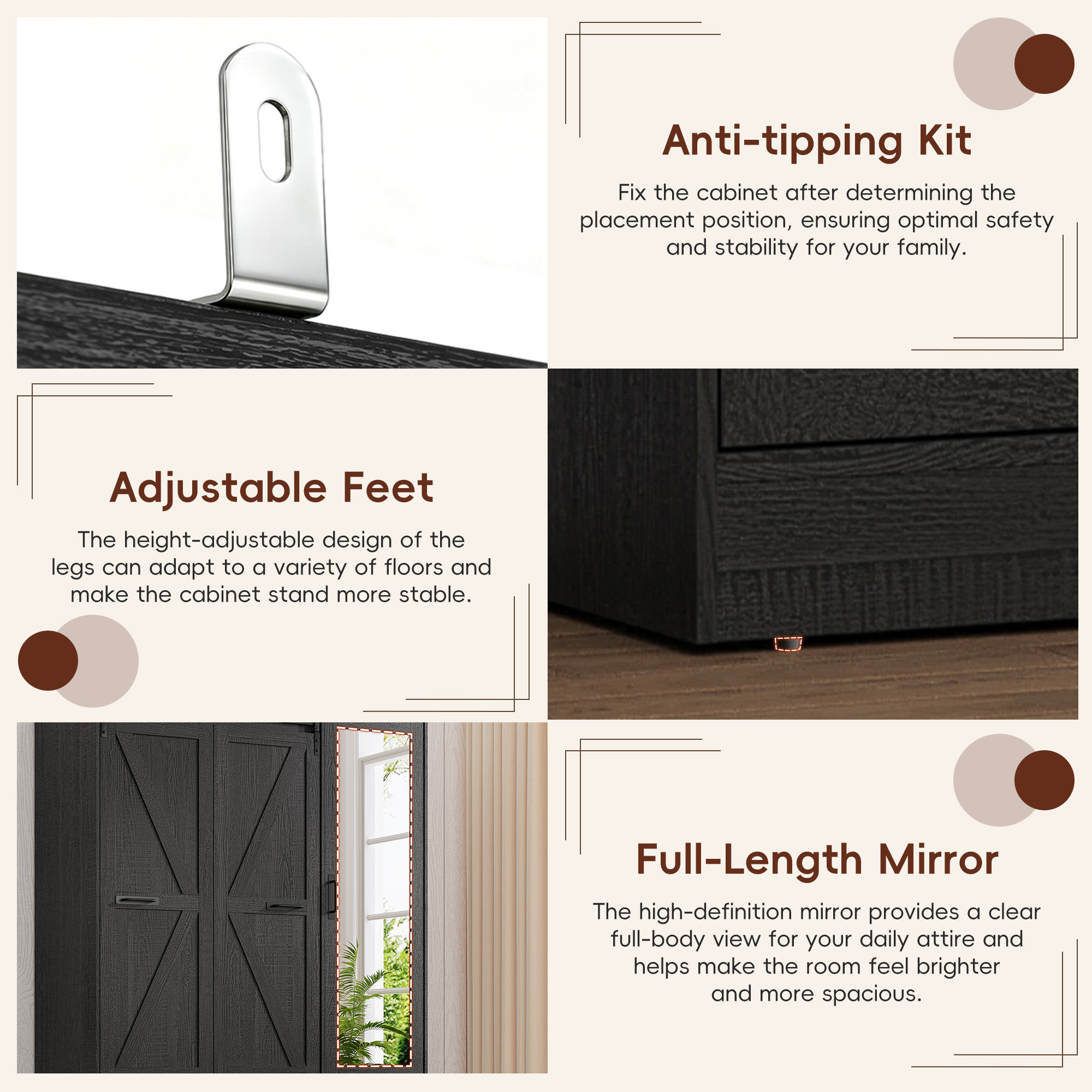 73''H Armoire Wardrobe with Full Mirror & Sensor Light & 4 Drawers, Farmhouse Bedroom Armoire Cabinet with Hanging Rod, Wooden Wardrobe Cabinet with Folding Sliding Barn Door for Bedroom