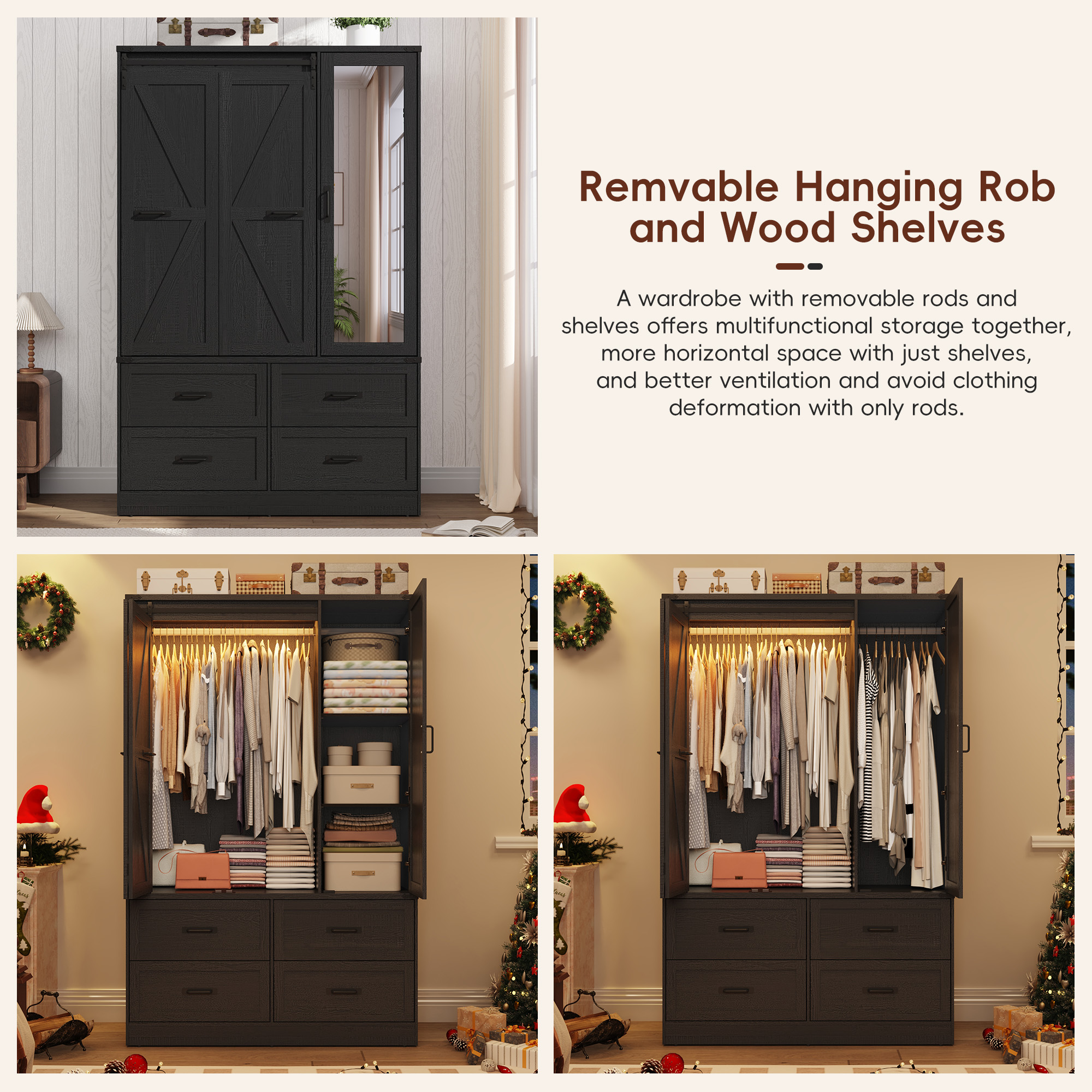 73''H Armoire Wardrobe with Full Mirror & Sensor Light & 4 Drawers, Farmhouse Bedroom Armoire Cabinet with Hanging Rod, Wooden Wardrobe Cabinet with Folding Sliding Barn Door for Bedroom