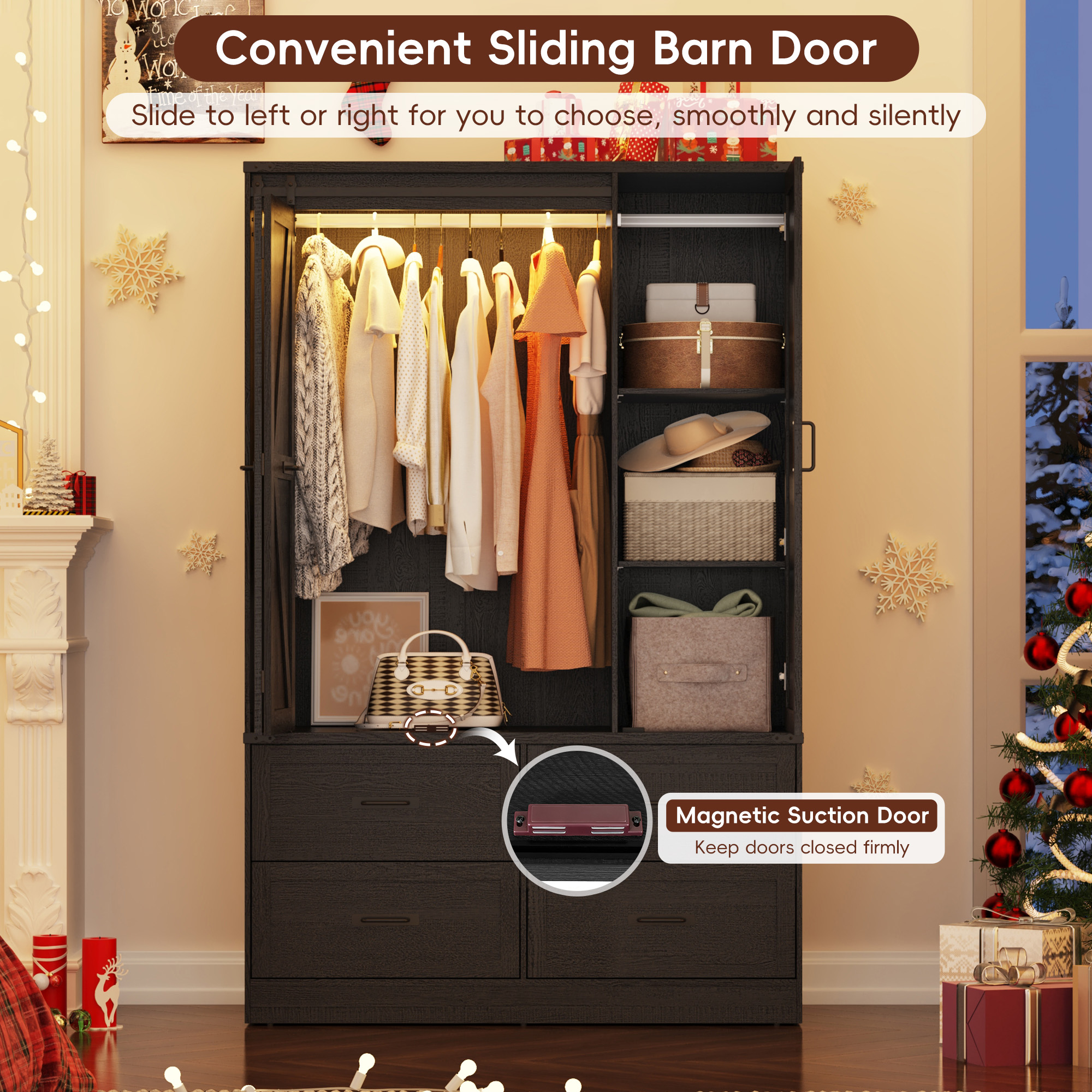 73''H Armoire Wardrobe with Full Mirror & Sensor Light & 4 Drawers, Farmhouse Bedroom Armoire Cabinet with Hanging Rod, Wooden Wardrobe Cabinet with Folding Sliding Barn Door for Bedroom