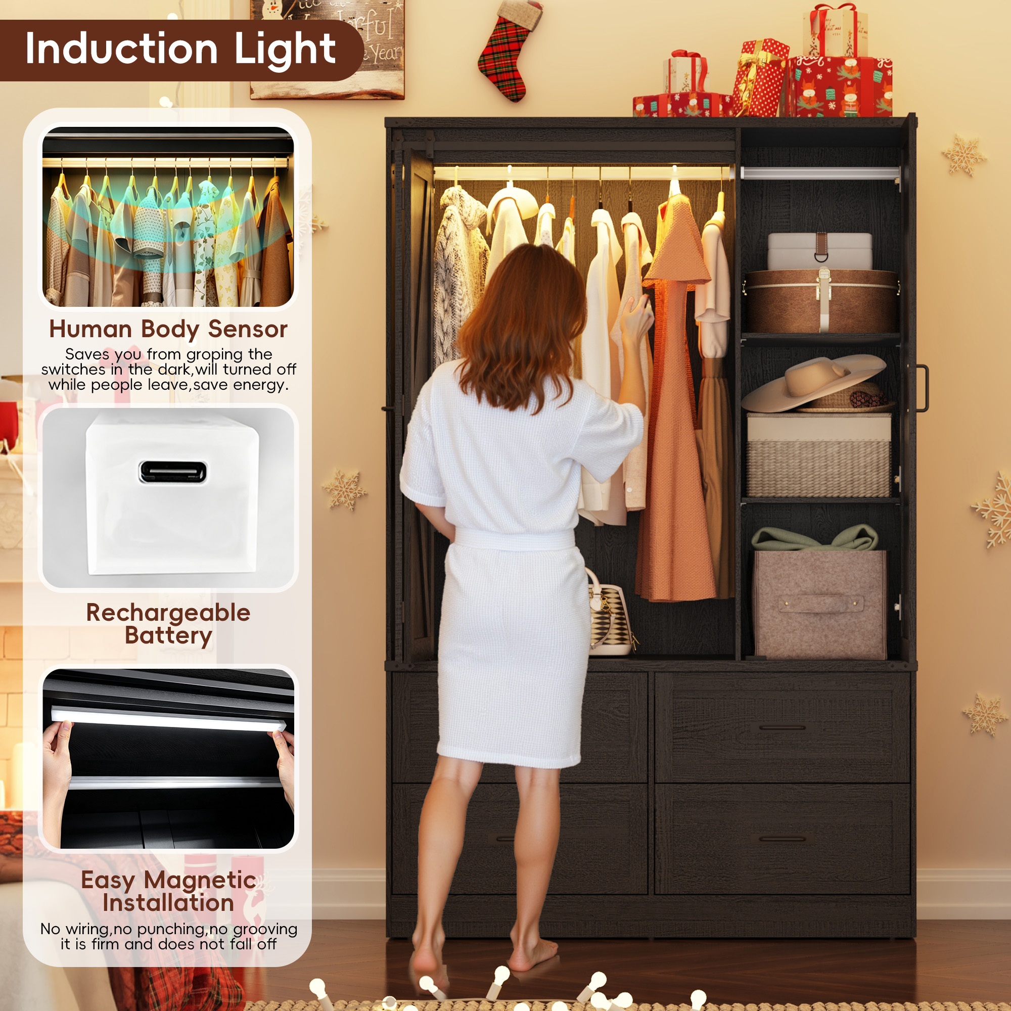 73''H Armoire Wardrobe with Full Mirror & Sensor Light & 4 Drawers, Farmhouse Bedroom Armoire Cabinet with Hanging Rod, Wooden Wardrobe Cabinet with Folding Sliding Barn Door for Bedroom