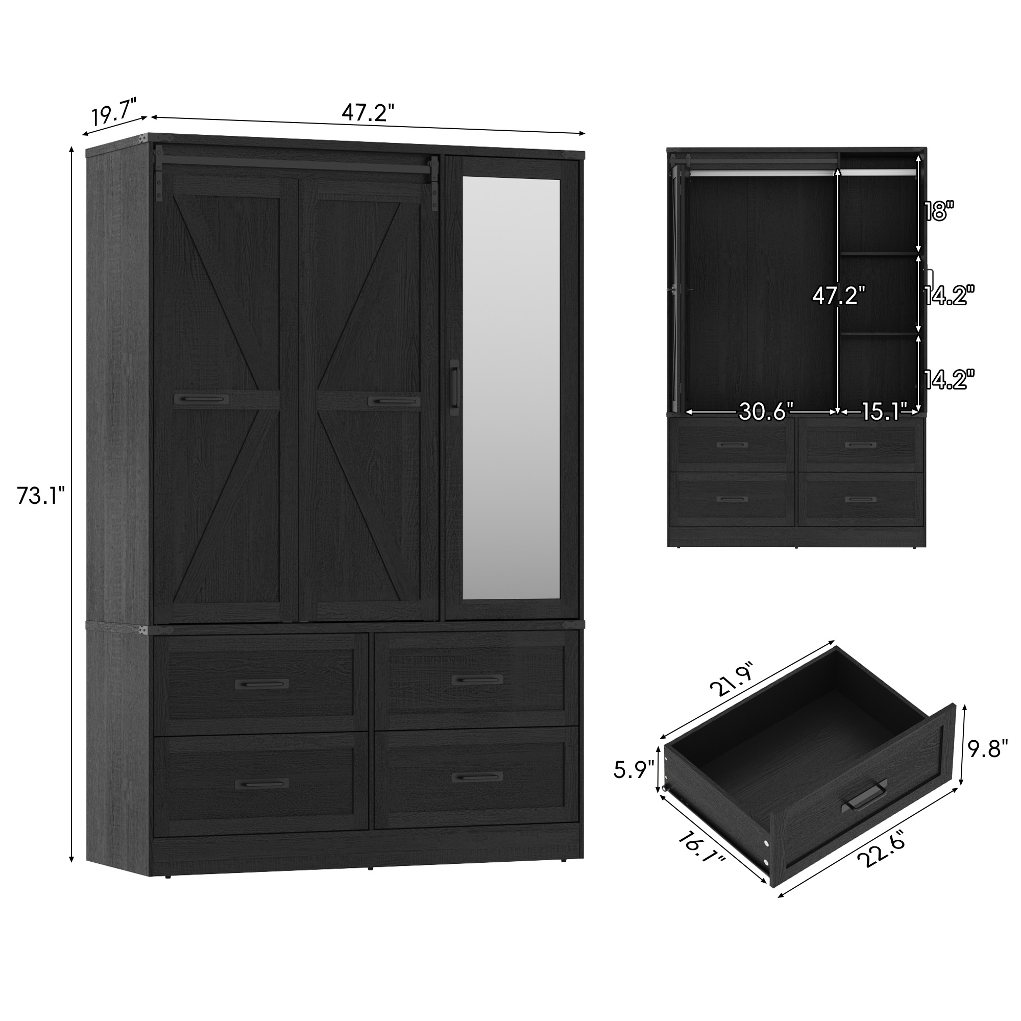 73''H Armoire Wardrobe with Full Mirror & Sensor Light & 4 Drawers, Farmhouse Bedroom Armoire Cabinet with Hanging Rod, Wooden Wardrobe Cabinet with Folding Sliding Barn Door for Bedroom