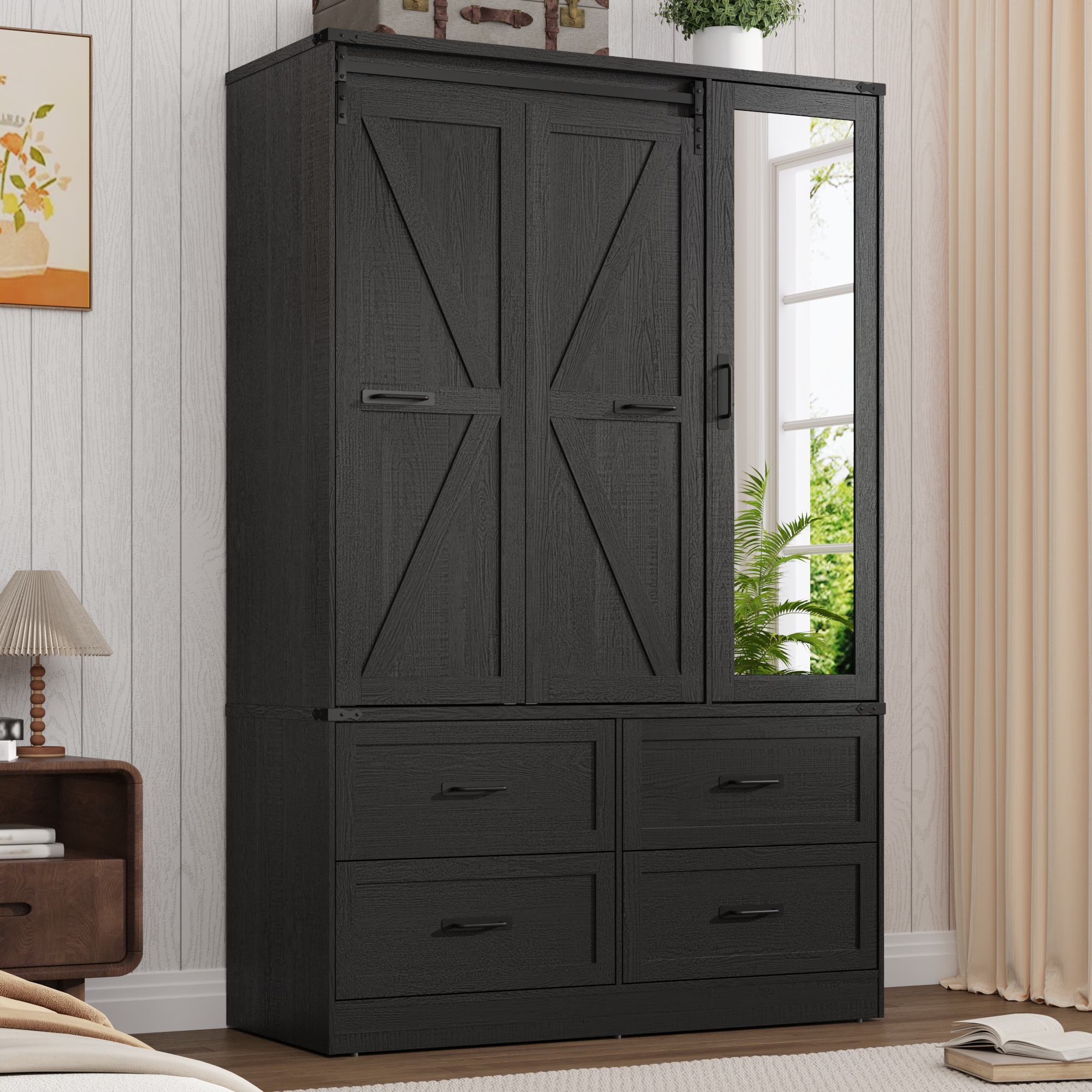 73''H Armoire Wardrobe with Full Mirror & Sensor Light & 4 Drawers, Farmhouse Bedroom Armoire Cabinet with Hanging Rod, Wooden Wardrobe Cabinet with Folding Sliding Barn Door for Bedroom