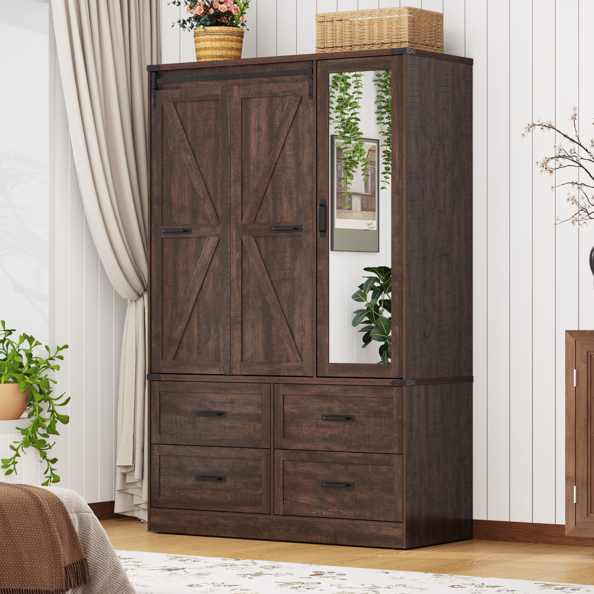 73''H Armoire Wardrobe with Full Mirror & Sensor Light & 4 Drawers, Farmhouse Bedroom Armoire Cabinet with Hanging Rod, Wooden Wardrobe Cabinet with Folding Sliding Barn Door for Bedroom