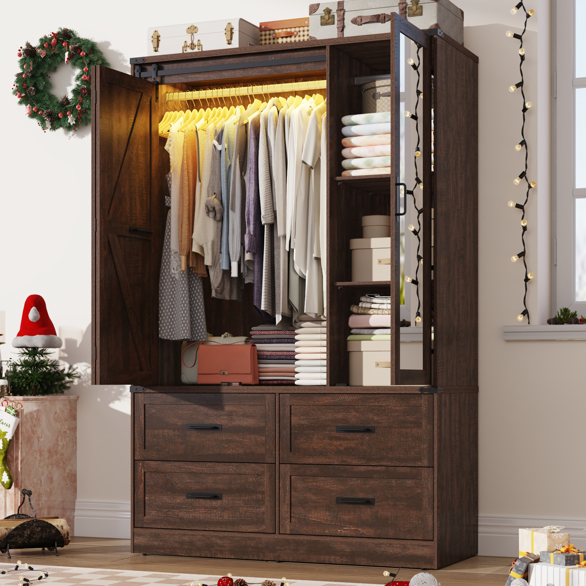 73''H Armoire Wardrobe with Full Mirror & Sensor Light & 4 Drawers, Farmhouse Bedroom Armoire Cabinet with Hanging Rod, Wooden Wardrobe Cabinet with Folding Sliding Barn Door for Bedroom