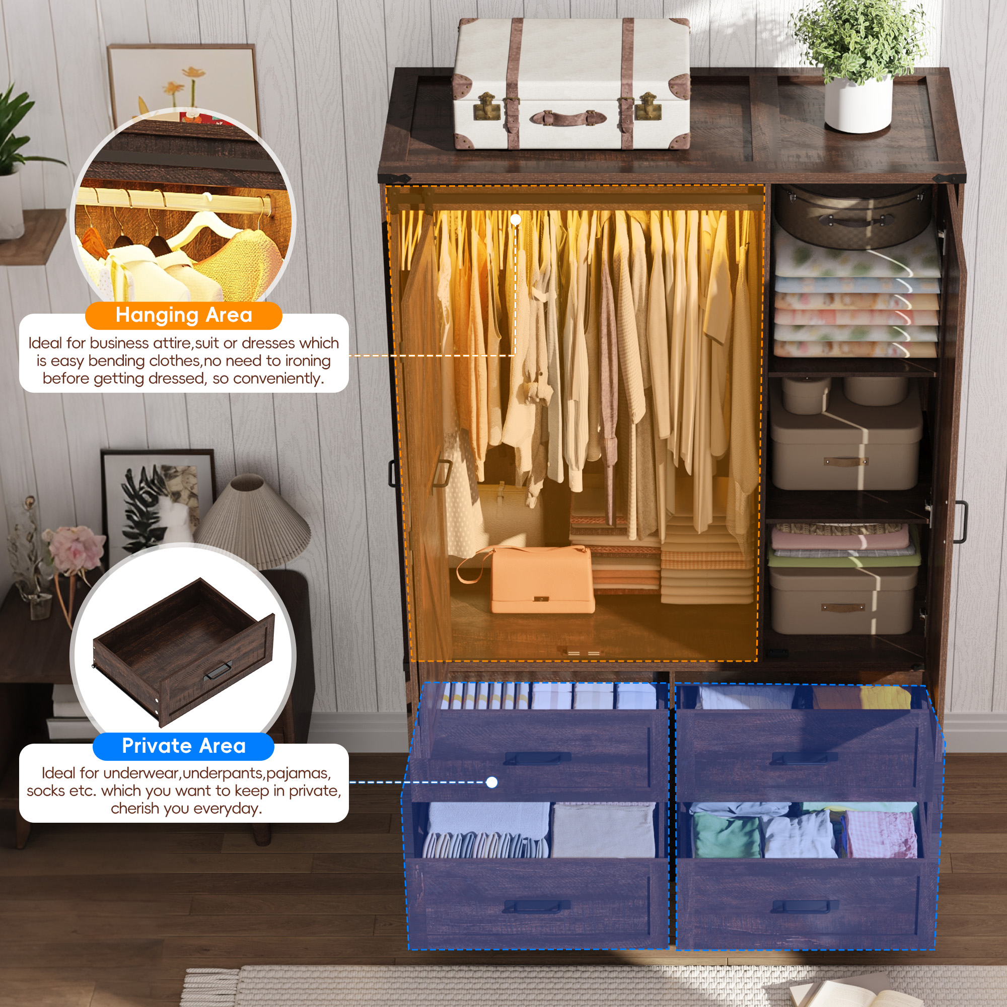 73''H Armoire Wardrobe with Full Mirror & Sensor Light & 4 Drawers, Farmhouse Bedroom Armoire Cabinet with Hanging Rod, Wooden Wardrobe Cabinet with Folding Sliding Barn Door for Bedroom