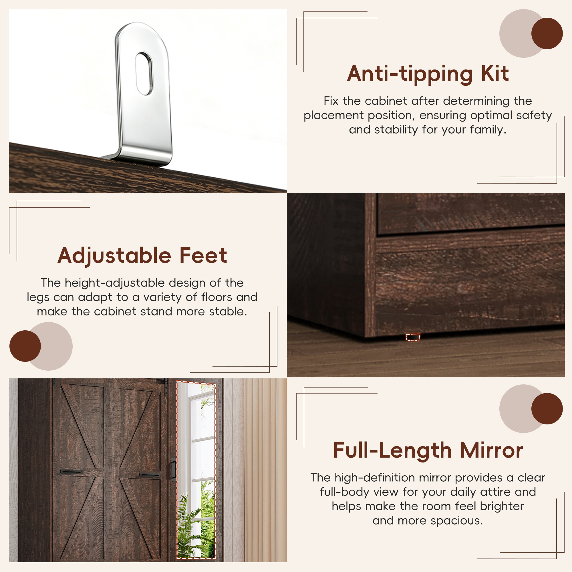 73''H Armoire Wardrobe with Full Mirror & Sensor Light & 4 Drawers, Farmhouse Bedroom Armoire Cabinet with Hanging Rod, Wooden Wardrobe Cabinet with Folding Sliding Barn Door for Bedroom