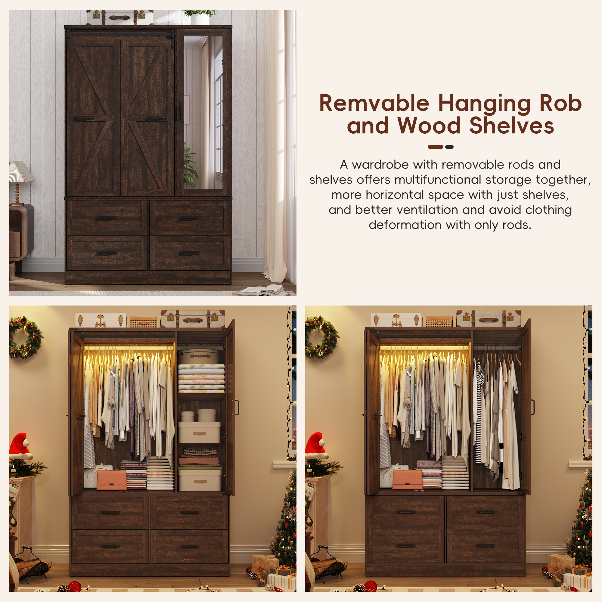 73''H Armoire Wardrobe with Full Mirror & Sensor Light & 4 Drawers, Farmhouse Bedroom Armoire Cabinet with Hanging Rod, Wooden Wardrobe Cabinet with Folding Sliding Barn Door for Bedroom