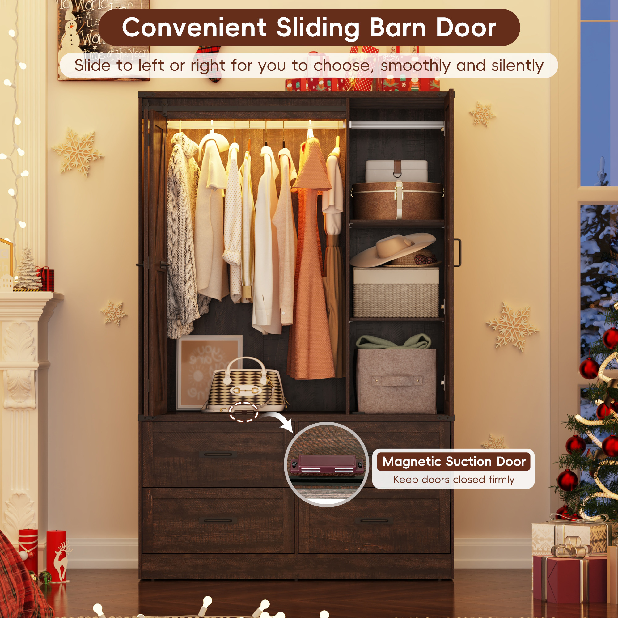 73''H Armoire Wardrobe with Full Mirror & Sensor Light & 4 Drawers, Farmhouse Bedroom Armoire Cabinet with Hanging Rod, Wooden Wardrobe Cabinet with Folding Sliding Barn Door for Bedroom