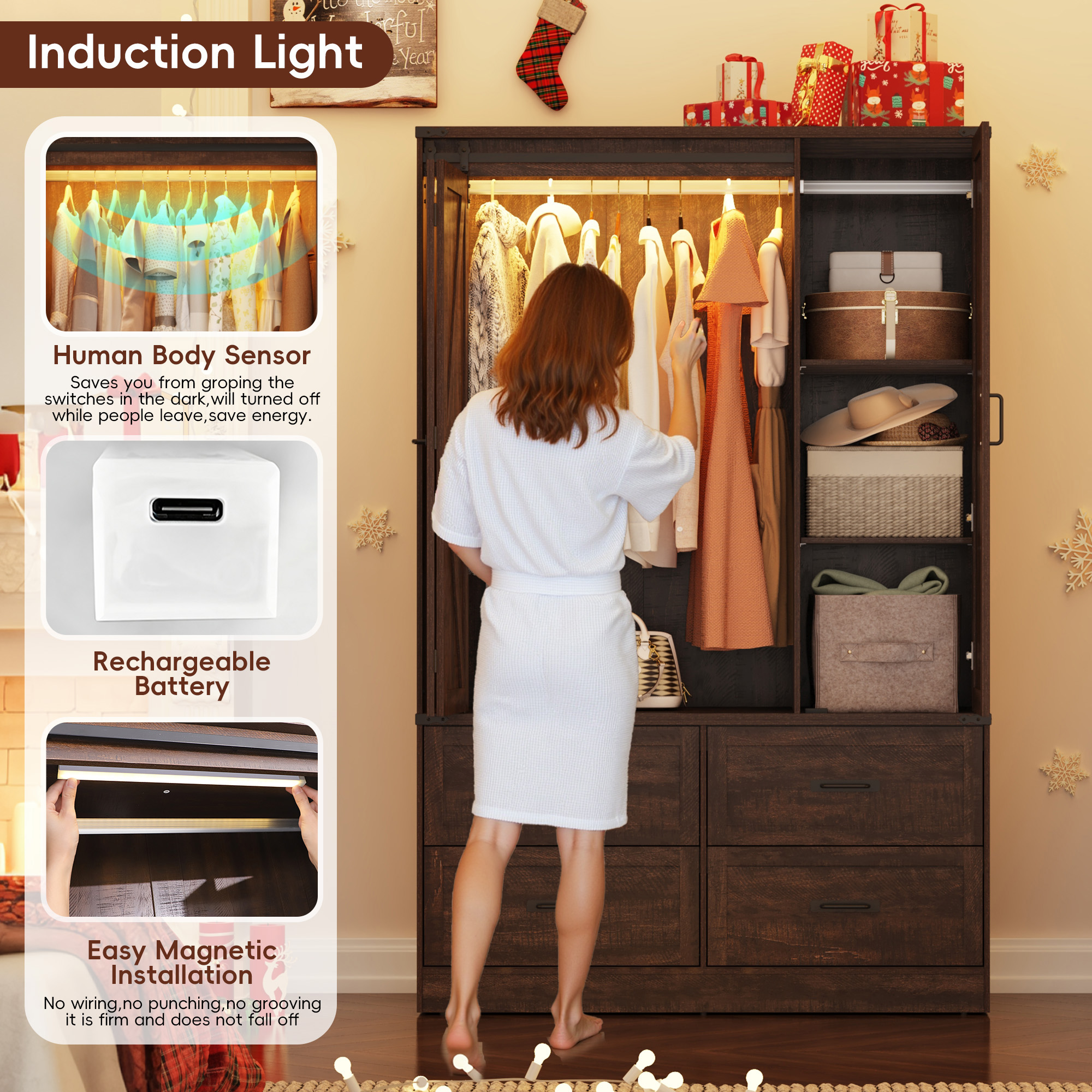 73''H Armoire Wardrobe with Full Mirror & Sensor Light & 4 Drawers, Farmhouse Bedroom Armoire Cabinet with Hanging Rod, Wooden Wardrobe Cabinet with Folding Sliding Barn Door for Bedroom