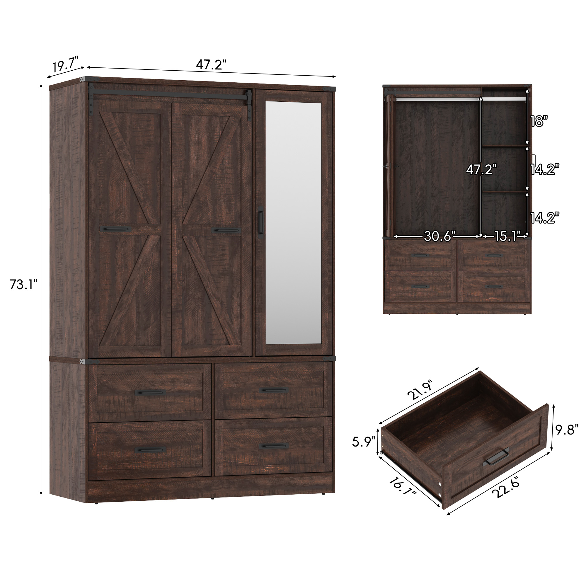 73''H Armoire Wardrobe with Full Mirror & Sensor Light & 4 Drawers, Farmhouse Bedroom Armoire Cabinet with Hanging Rod, Wooden Wardrobe Cabinet with Folding Sliding Barn Door for Bedroom