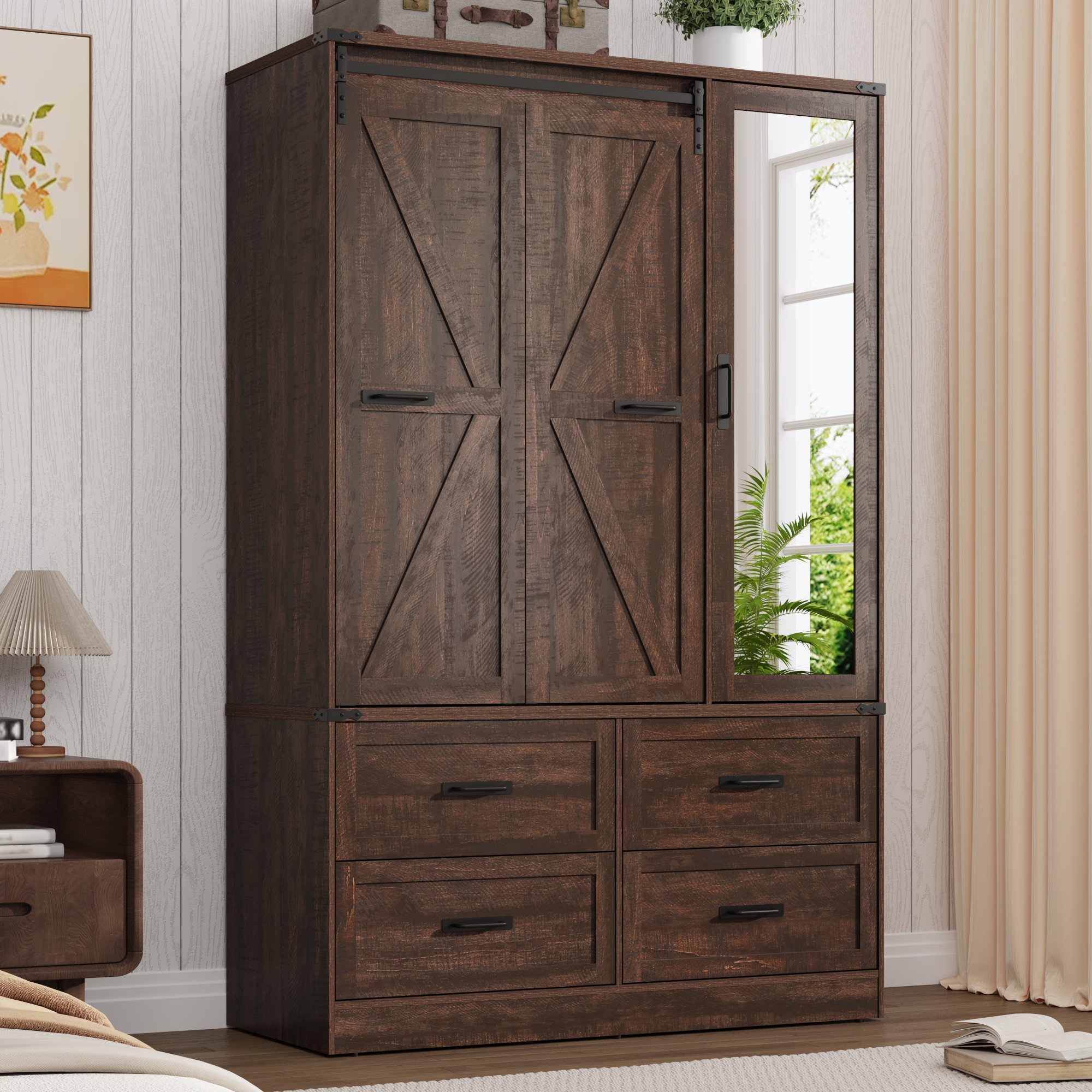 73''H Armoire Wardrobe with Full Mirror & Sensor Light & 4 Drawers, Farmhouse Bedroom Armoire Cabinet with Hanging Rod, Wooden Wardrobe Cabinet with Folding Sliding Barn Door for Bedroom