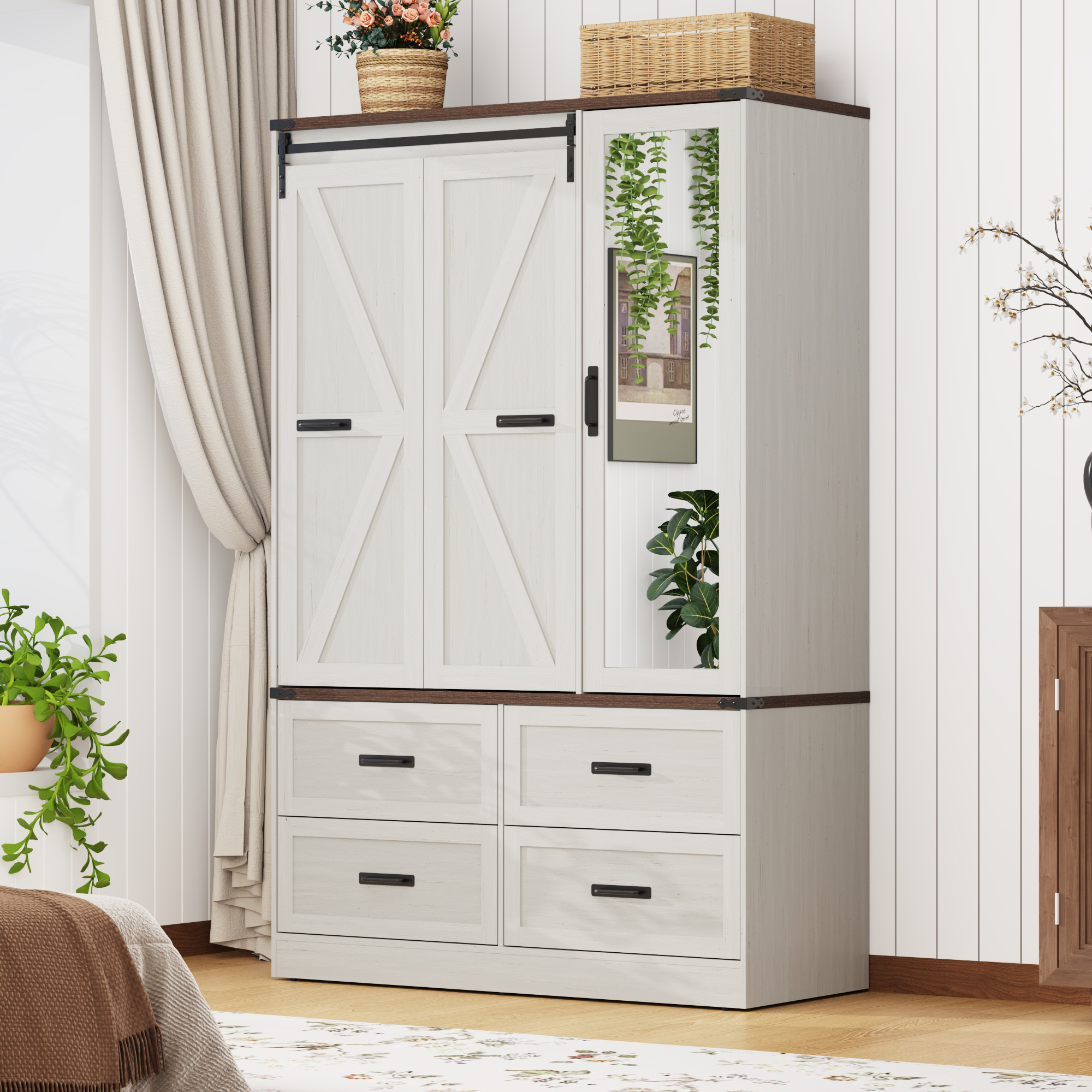73''H Armoire Wardrobe with Full Mirror & Sensor Light & 4 Drawers, Farmhouse Bedroom Armoire Cabinet with Hanging Rod, Wooden Wardrobe Cabinet with Folding Sliding Barn Door for Bedroom