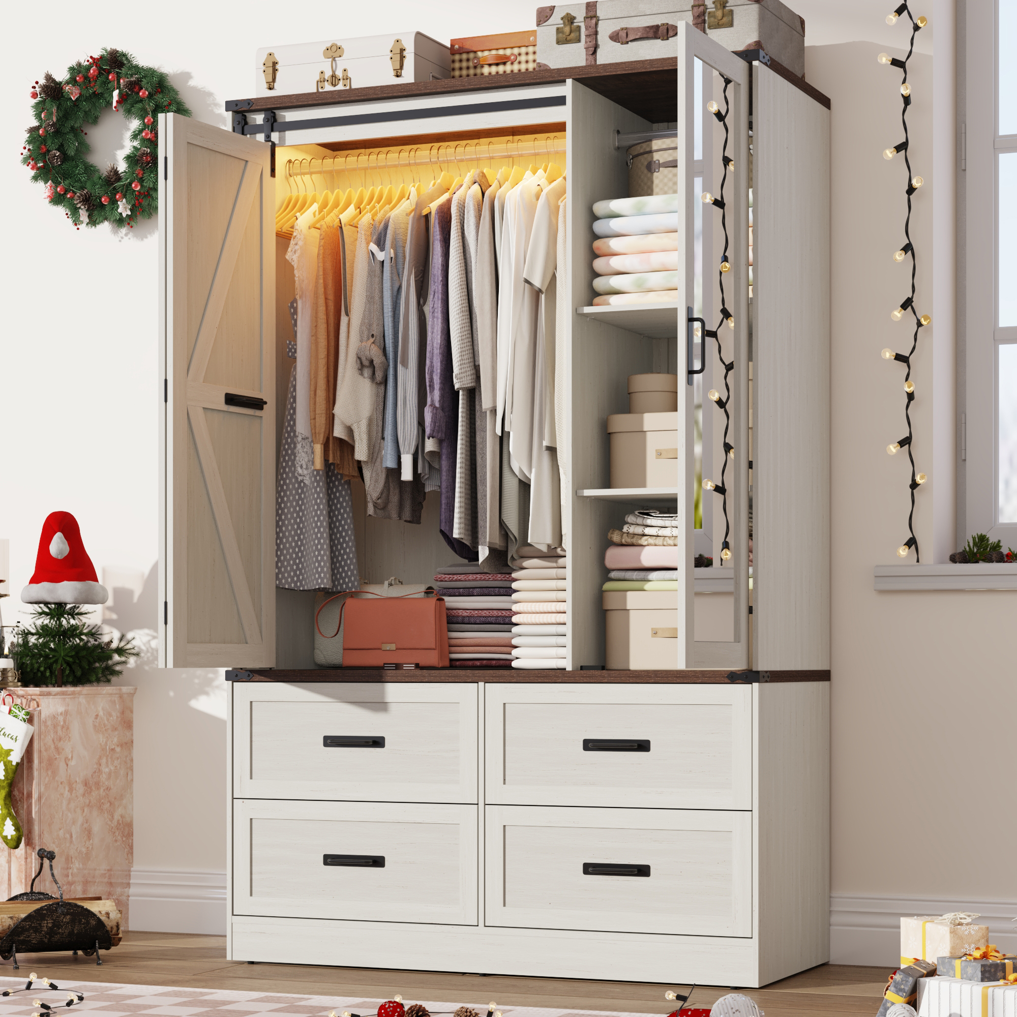 73''H Armoire Wardrobe with Full Mirror & Sensor Light & 4 Drawers, Farmhouse Bedroom Armoire Cabinet with Hanging Rod, Wooden Wardrobe Cabinet with Folding Sliding Barn Door for Bedroom
