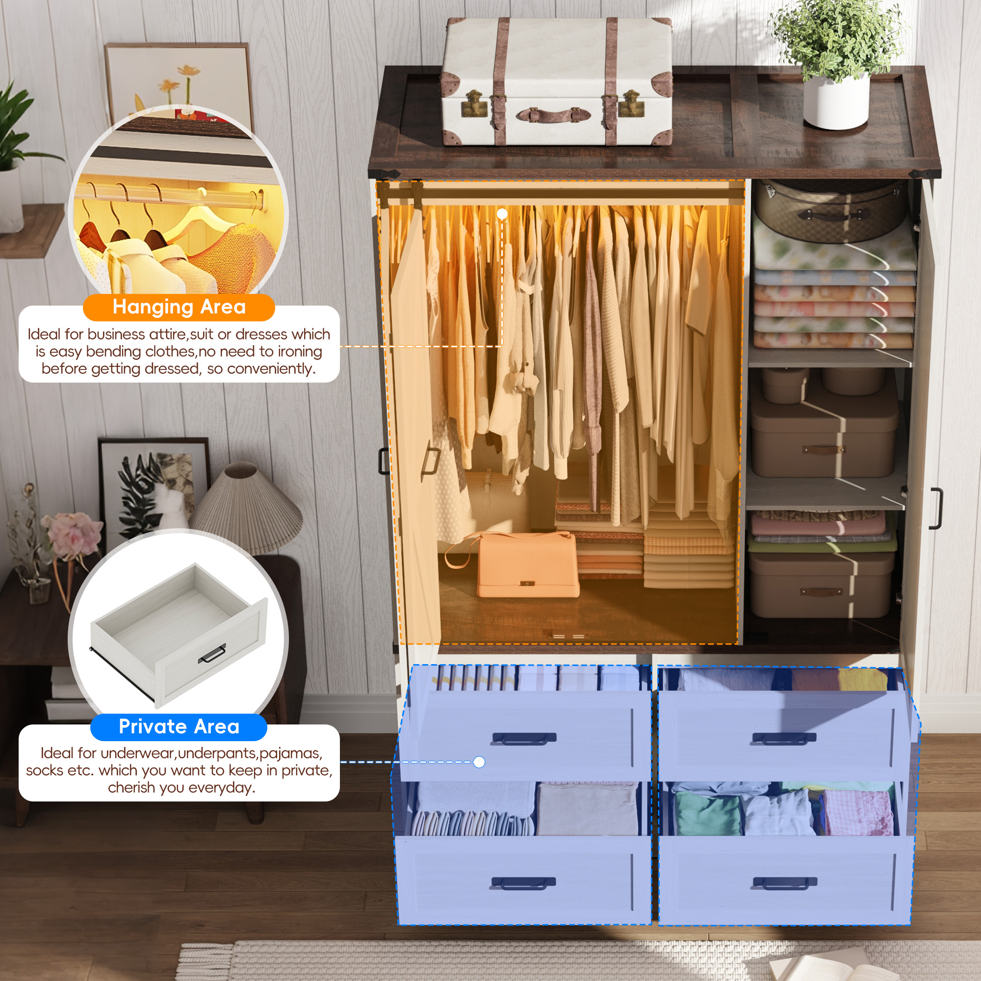 73''H Armoire Wardrobe with Full Mirror & Sensor Light & 4 Drawers, Farmhouse Bedroom Armoire Cabinet with Hanging Rod, Wooden Wardrobe Cabinet with Folding Sliding Barn Door for Bedroom