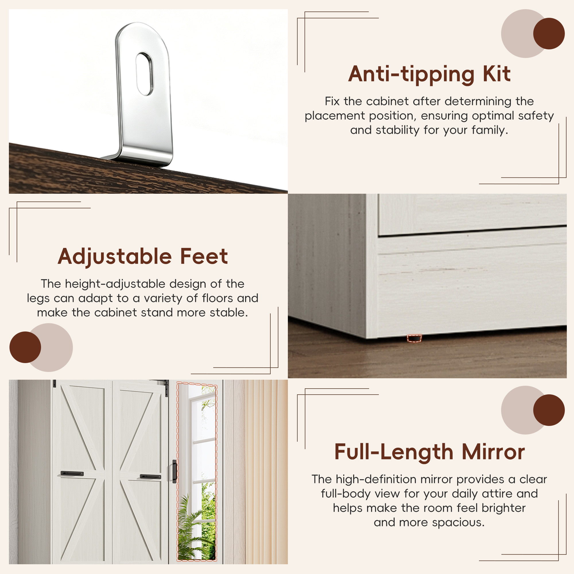 73''H Armoire Wardrobe with Full Mirror & Sensor Light & 4 Drawers, Farmhouse Bedroom Armoire Cabinet with Hanging Rod, Wooden Wardrobe Cabinet with Folding Sliding Barn Door for Bedroom