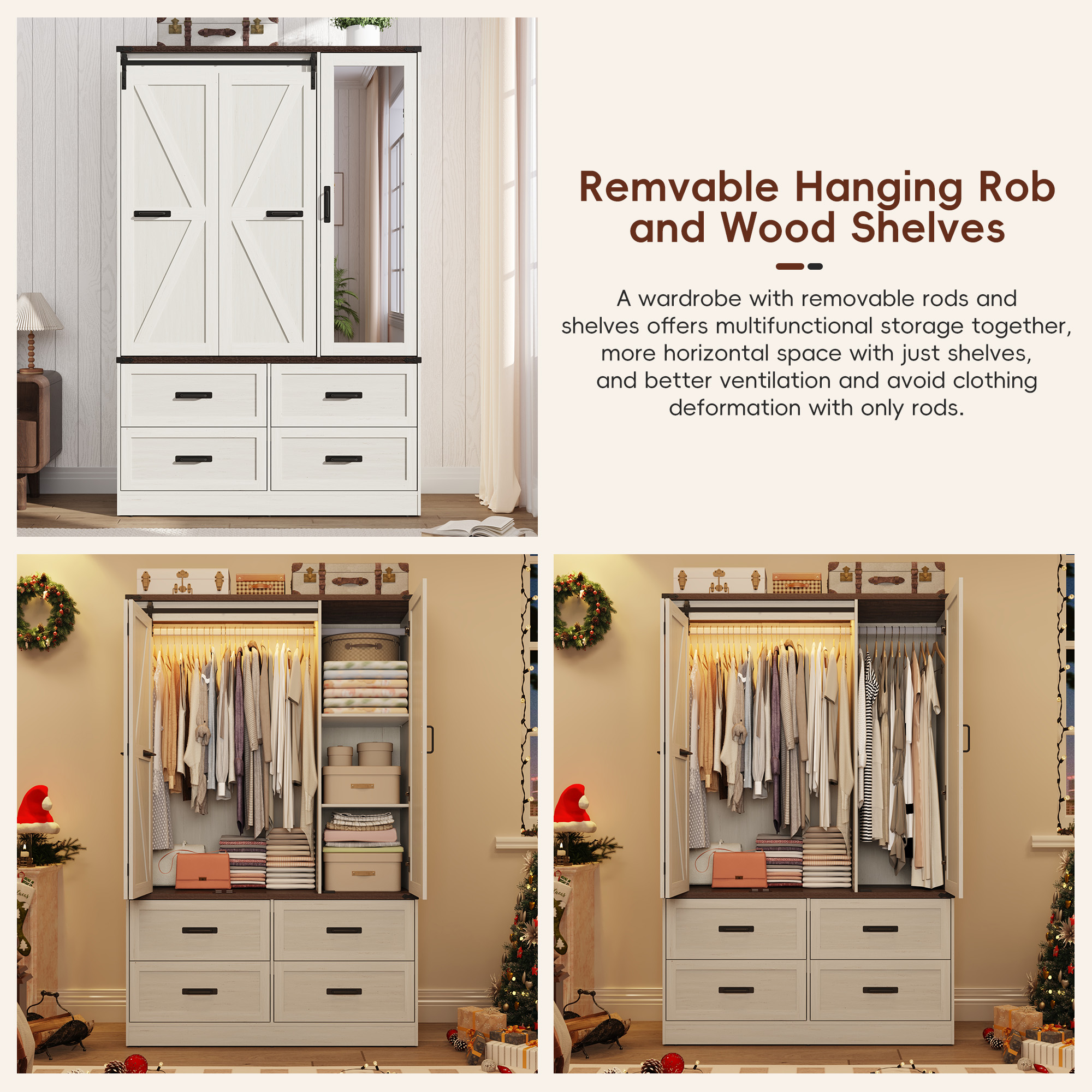 73''H Armoire Wardrobe with Full Mirror & Sensor Light & 4 Drawers, Farmhouse Bedroom Armoire Cabinet with Hanging Rod, Wooden Wardrobe Cabinet with Folding Sliding Barn Door for Bedroom