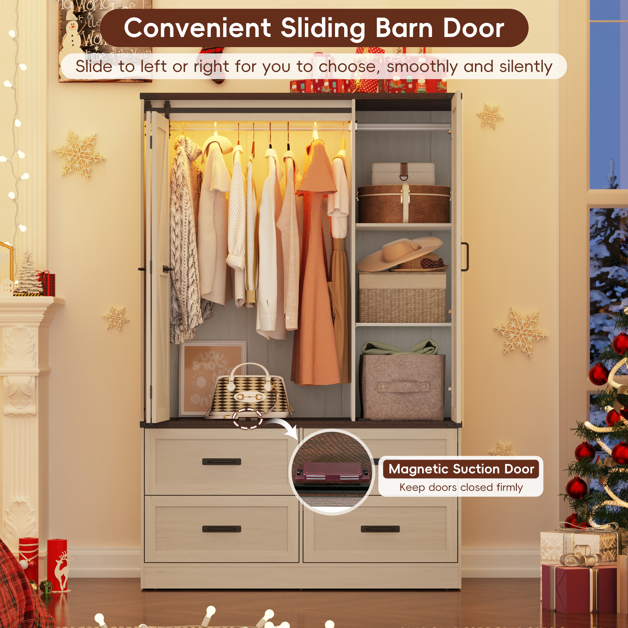 73''H Armoire Wardrobe with Full Mirror & Sensor Light & 4 Drawers, Farmhouse Bedroom Armoire Cabinet with Hanging Rod, Wooden Wardrobe Cabinet with Folding Sliding Barn Door for Bedroom