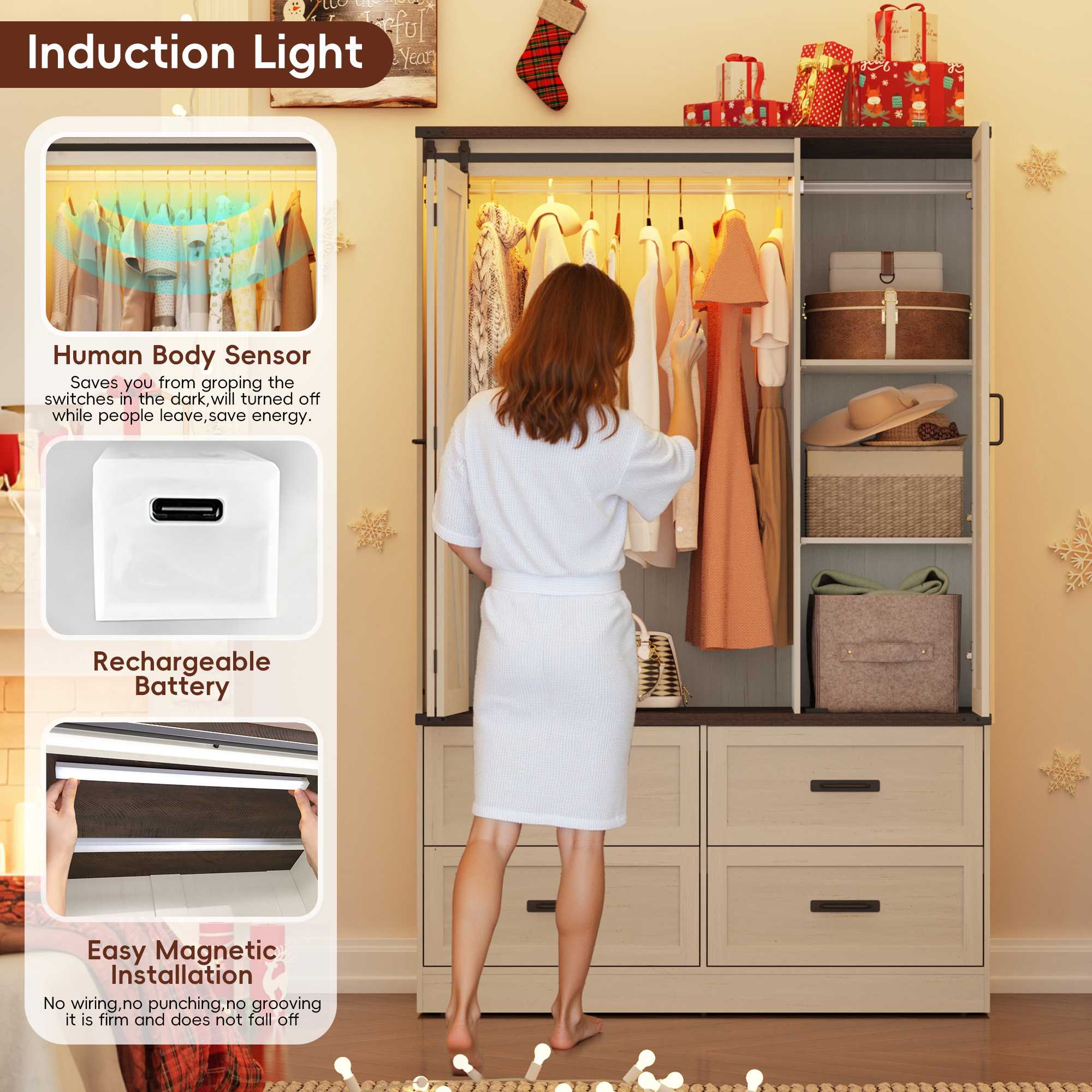 73''H Armoire Wardrobe with Full Mirror & Sensor Light & 4 Drawers, Farmhouse Bedroom Armoire Cabinet with Hanging Rod, Wooden Wardrobe Cabinet with Folding Sliding Barn Door for Bedroom