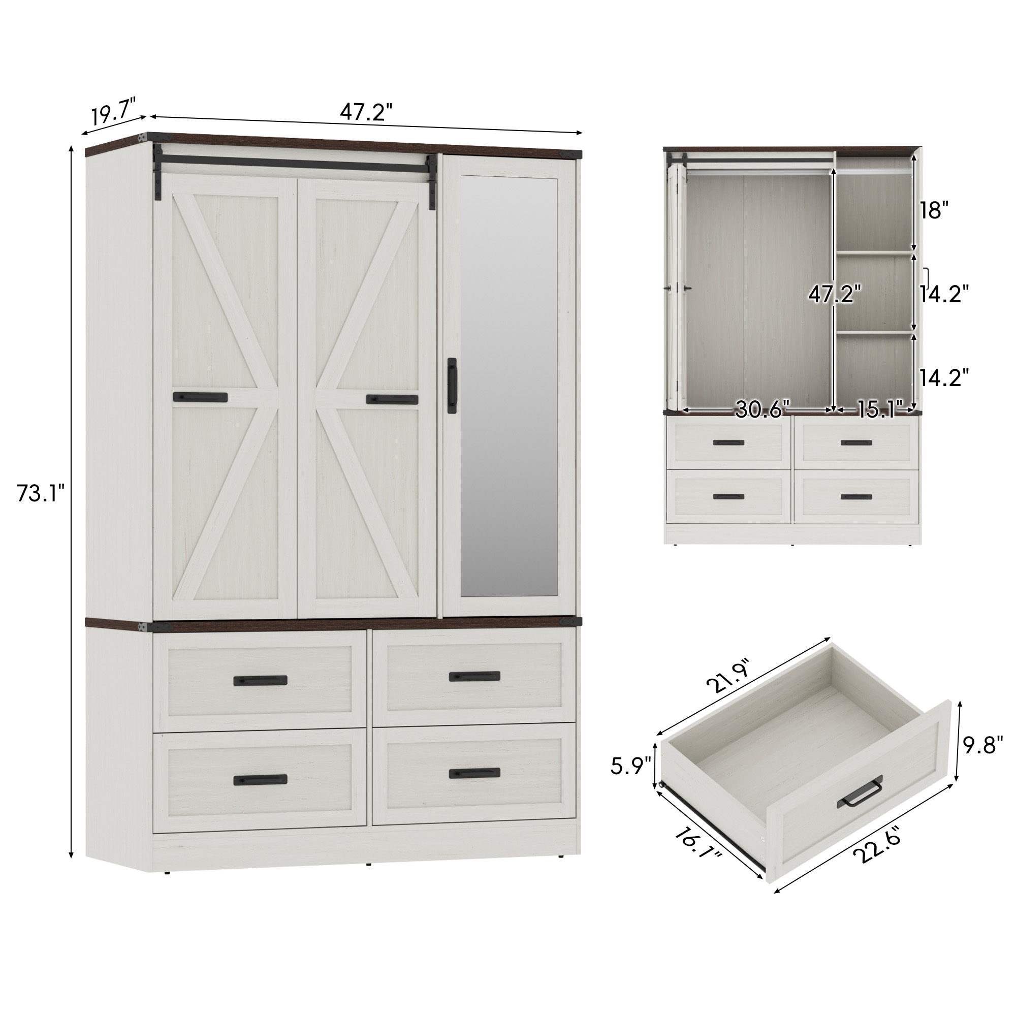 73''H Armoire Wardrobe with Full Mirror & Sensor Light & 4 Drawers, Farmhouse Bedroom Armoire Cabinet with Hanging Rod, Wooden Wardrobe Cabinet with Folding Sliding Barn Door for Bedroom