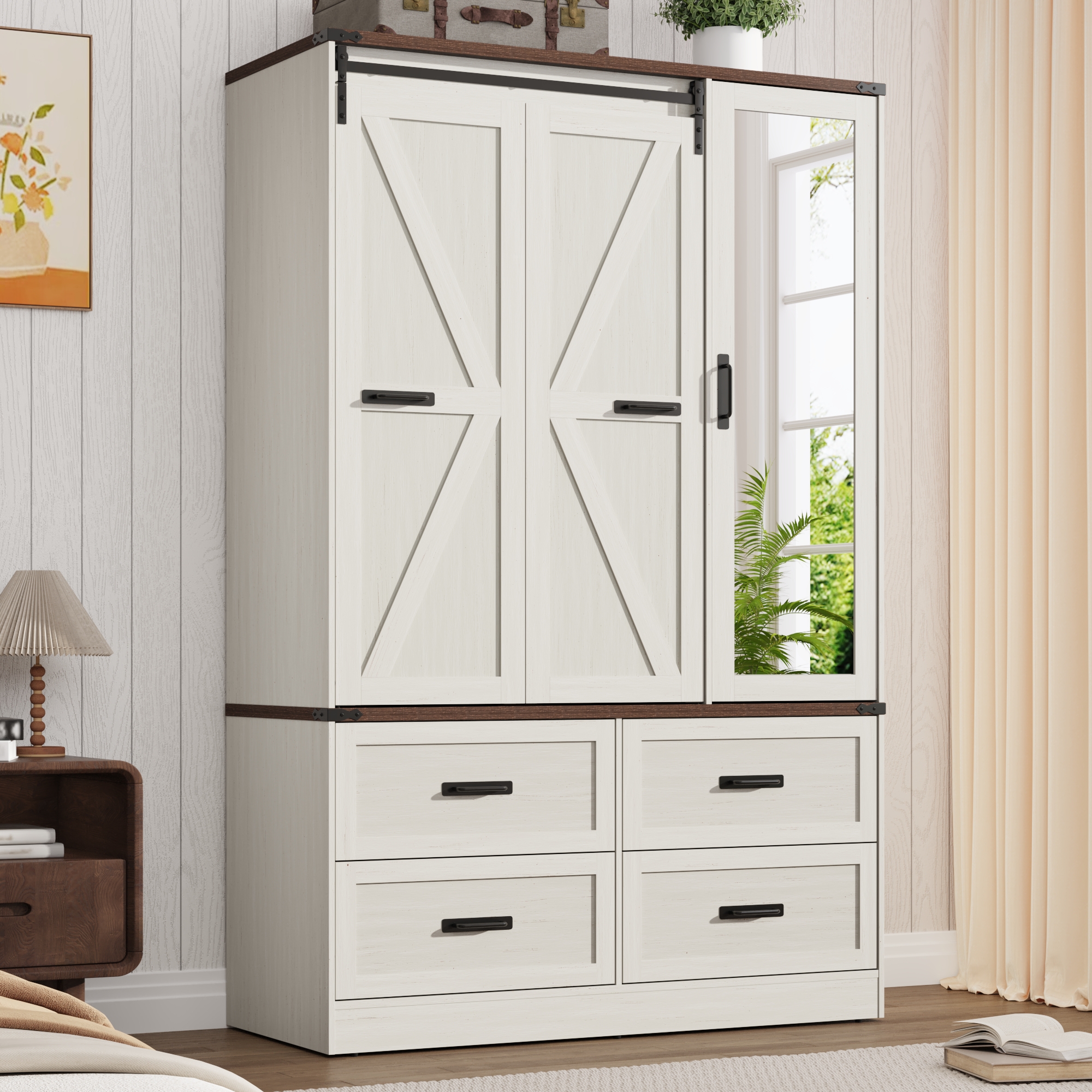 73''H Armoire Wardrobe with Full Mirror & Sensor Light & 4 Drawers, Farmhouse Bedroom Armoire Cabinet with Hanging Rod, Wooden Wardrobe Cabinet with Folding Sliding Barn Door for Bedroom