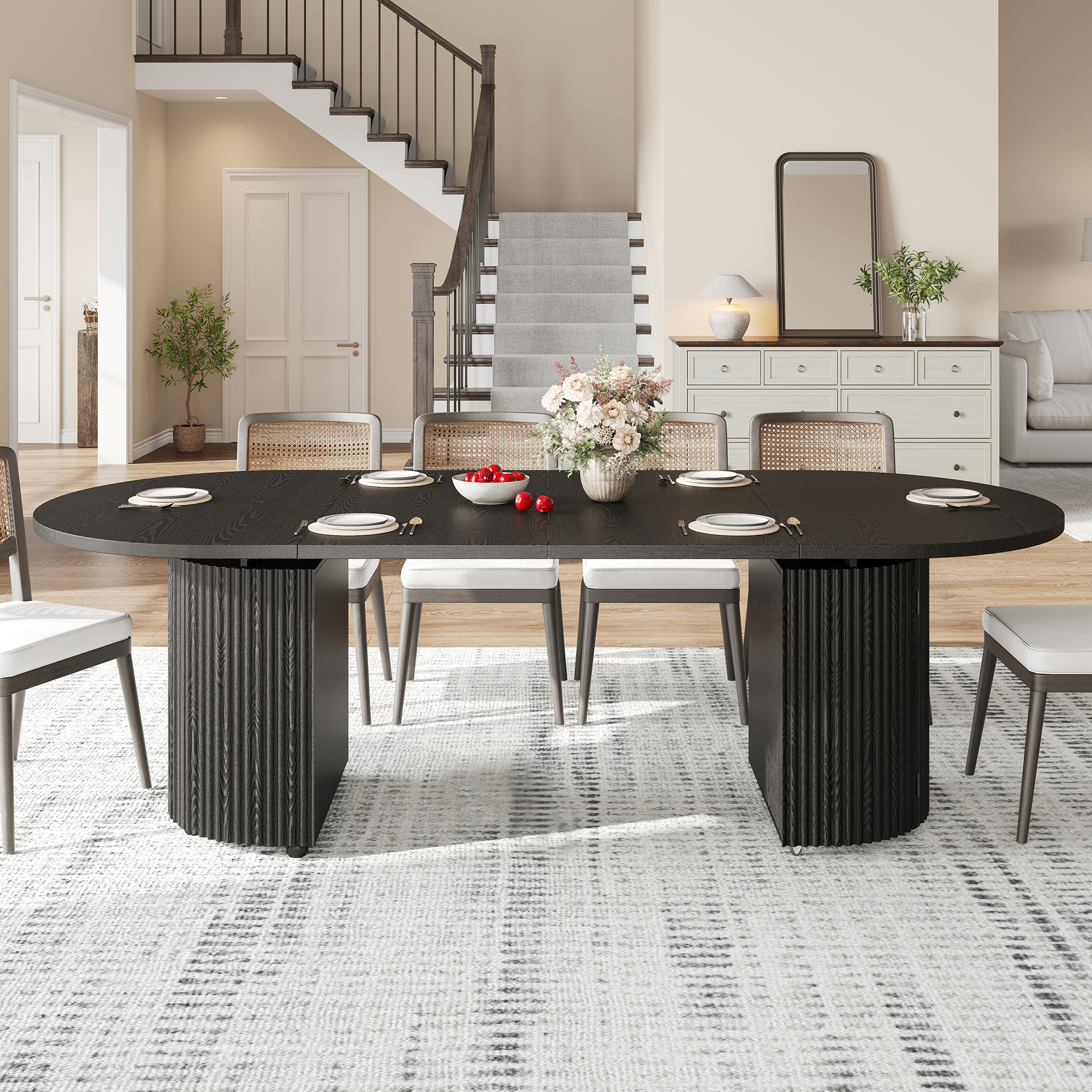 ChVans 55"-95" Extendable Oval Dining Table with Storage for 6 10 12, Modern Farmhouse Kitchen Table with Roman Column Leg, Large Wood Dining Room Table