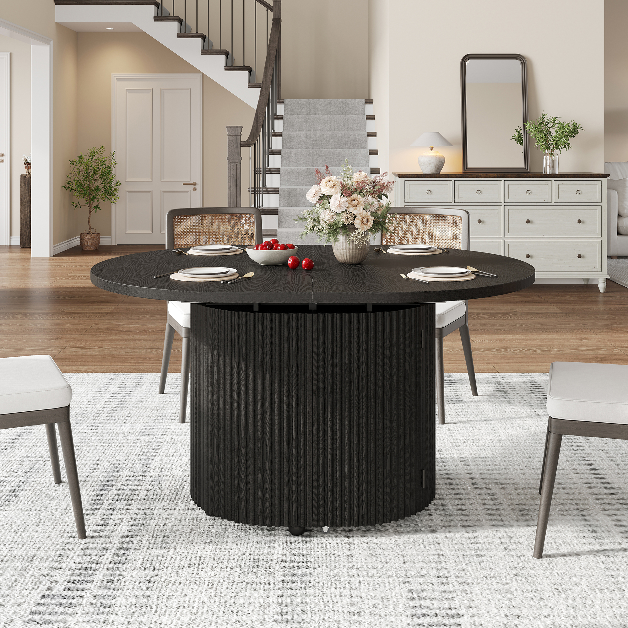 ChVans 55"-95" Extendable Oval Dining Table with Storage for 6 10 12, Modern Farmhouse Kitchen Table with Roman Column Leg, Large Wood Dining Room Table