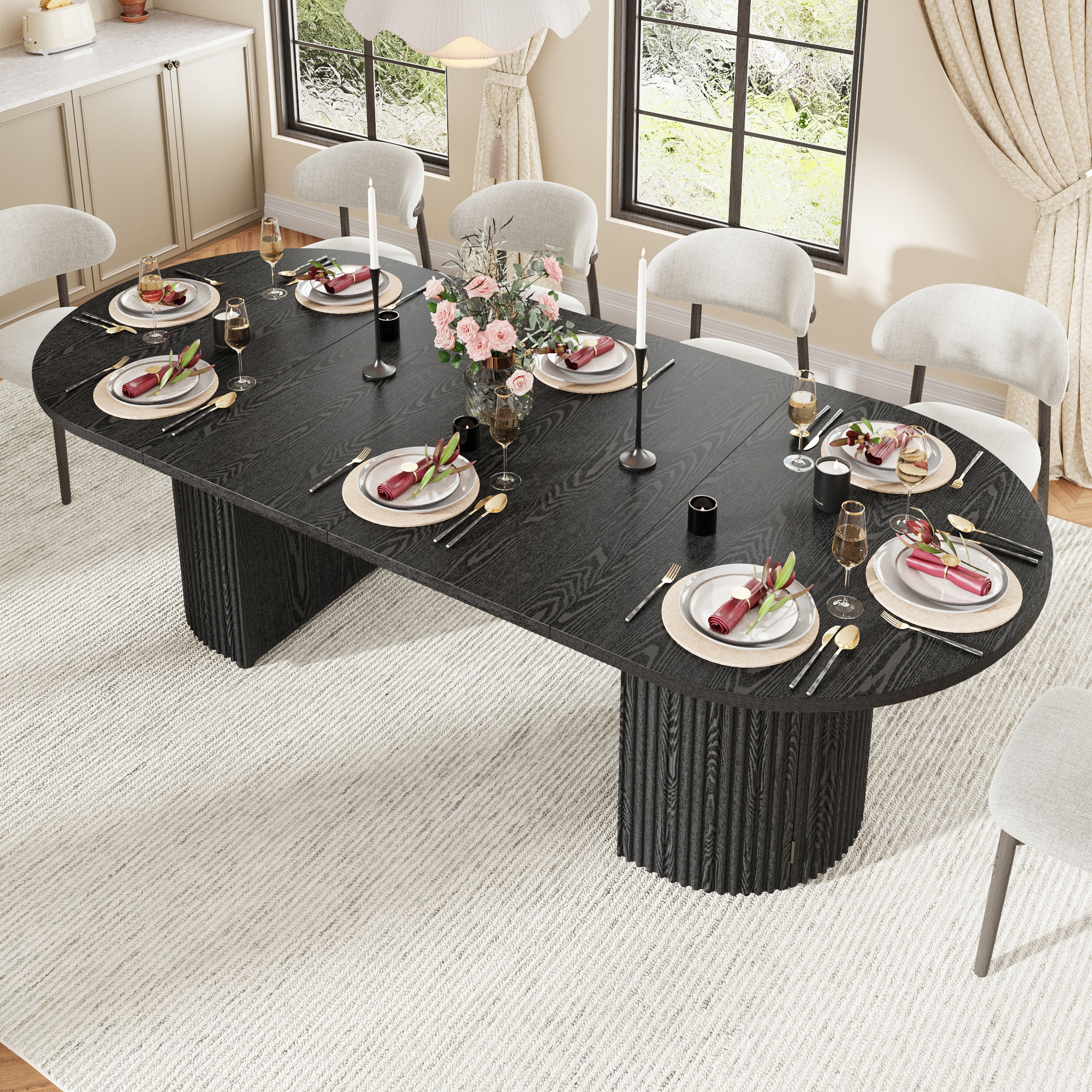ChVans 55"-95" Extendable Oval Dining Table with Storage for 6 10 12, Modern Farmhouse Kitchen Table with Roman Column Leg, Large Wood Dining Room Table